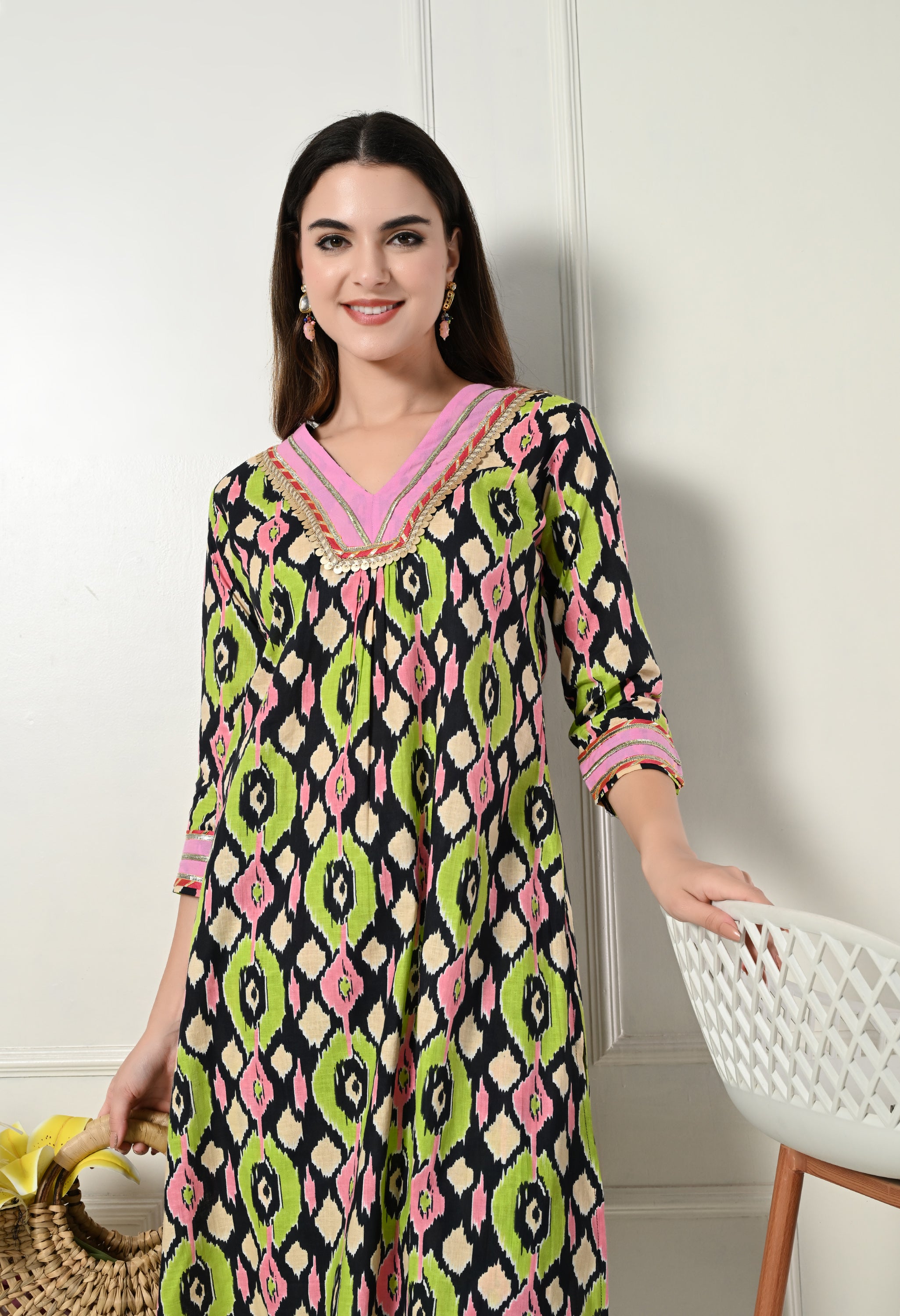 Green & Pink Ikkat Kurta Set With Lace