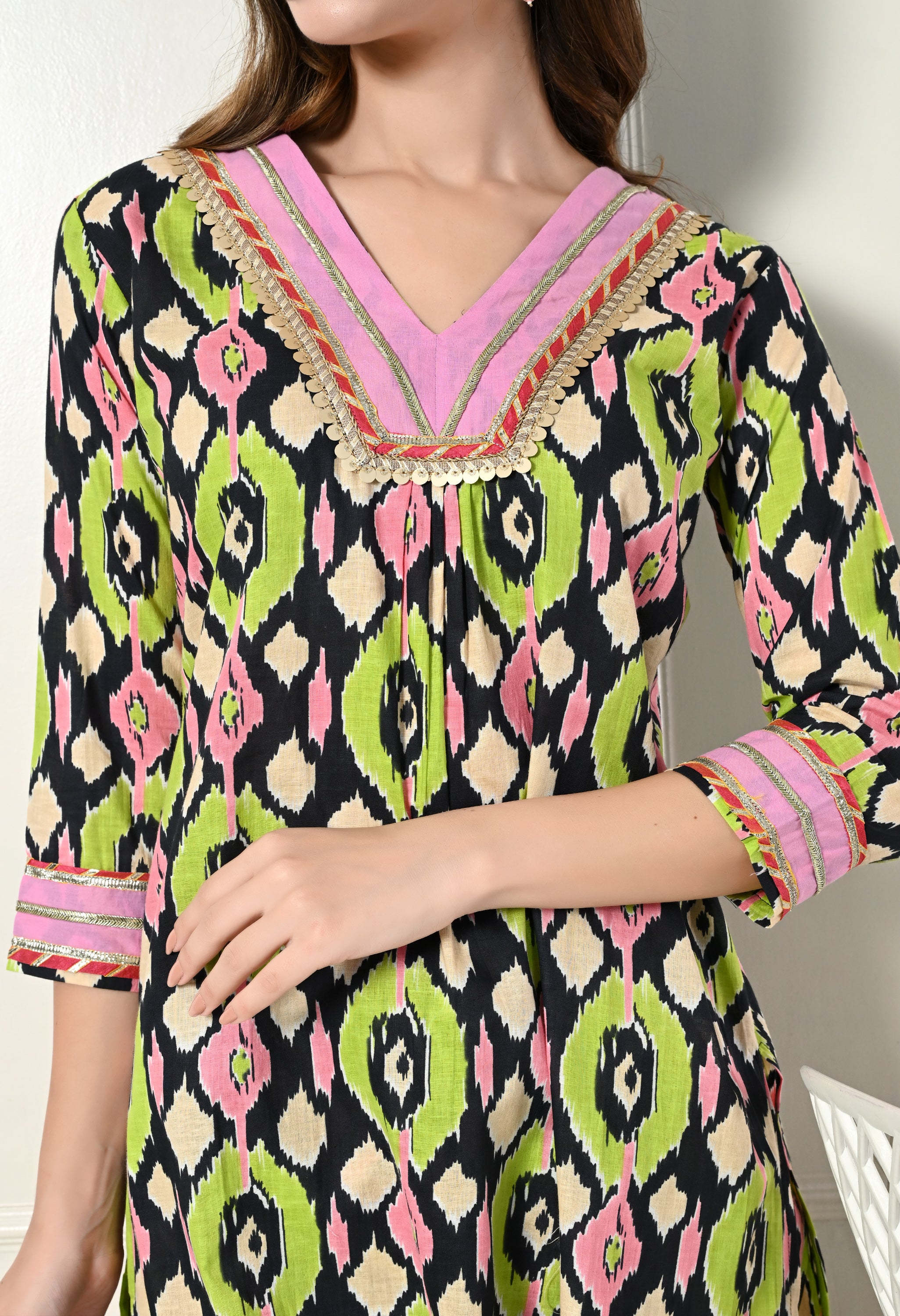 Green & Pink Ikkat Kurta Set With Lace