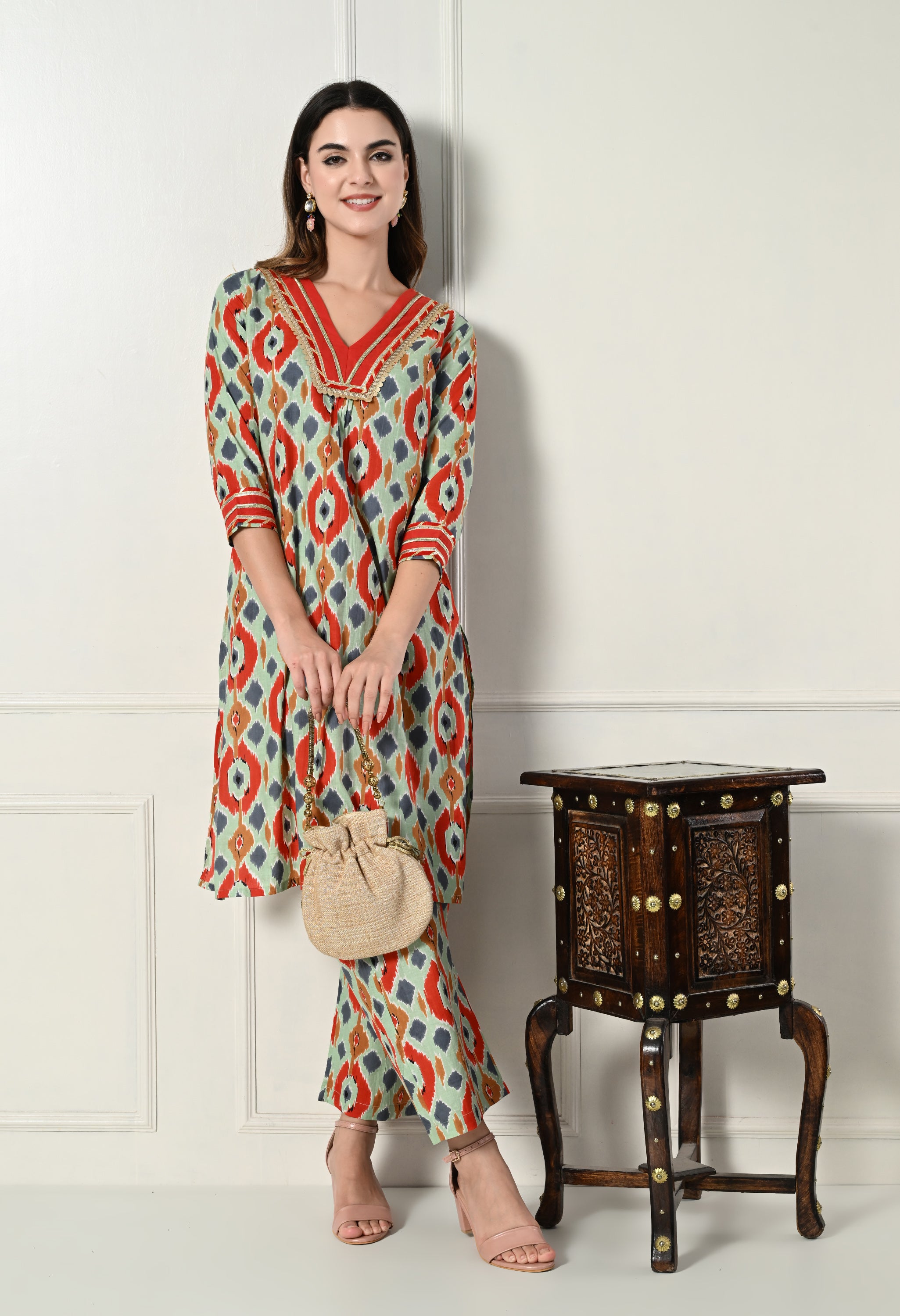 Red & Green Ikkat Kurta Set With Lace