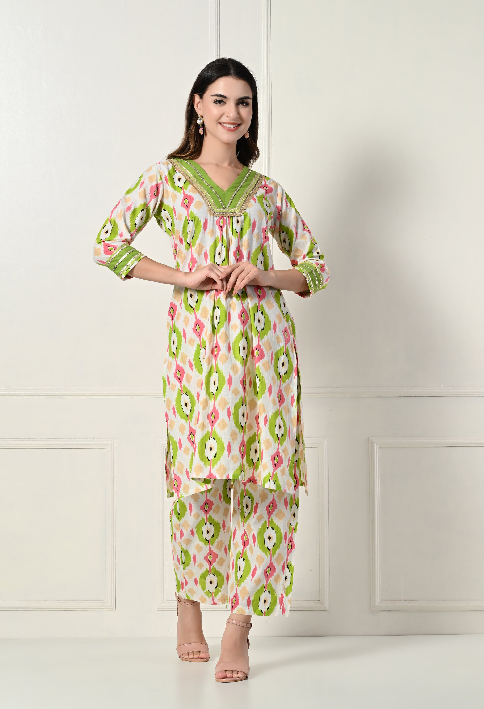 Green Ikkat Kurta Set With Lace