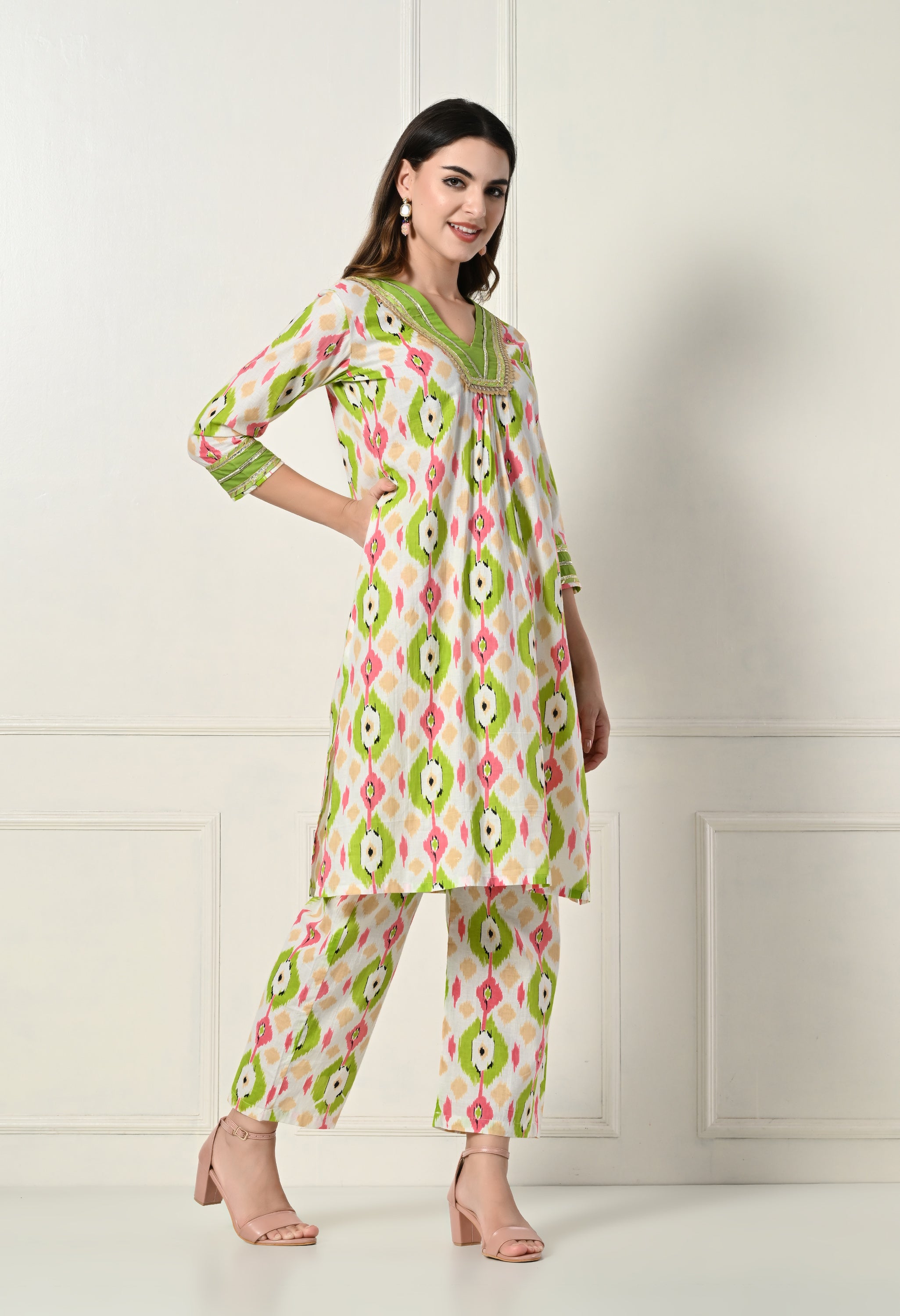 Green Ikkat Kurta Set With Lace