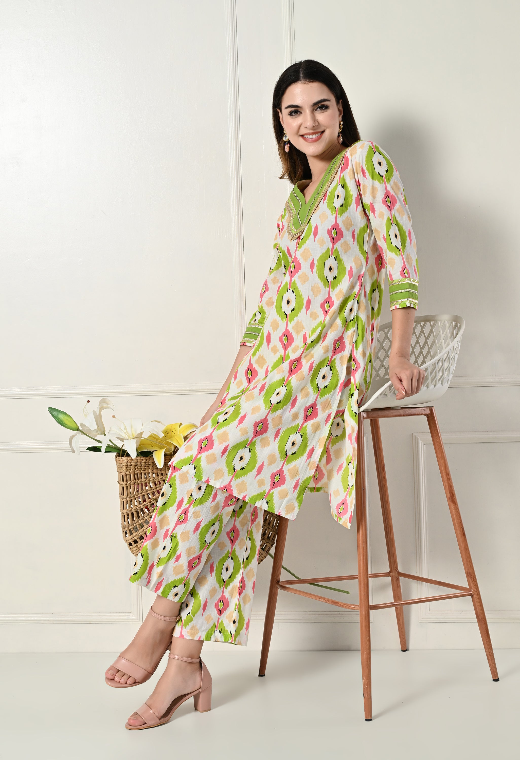 Green Ikkat Kurta Set With Lace