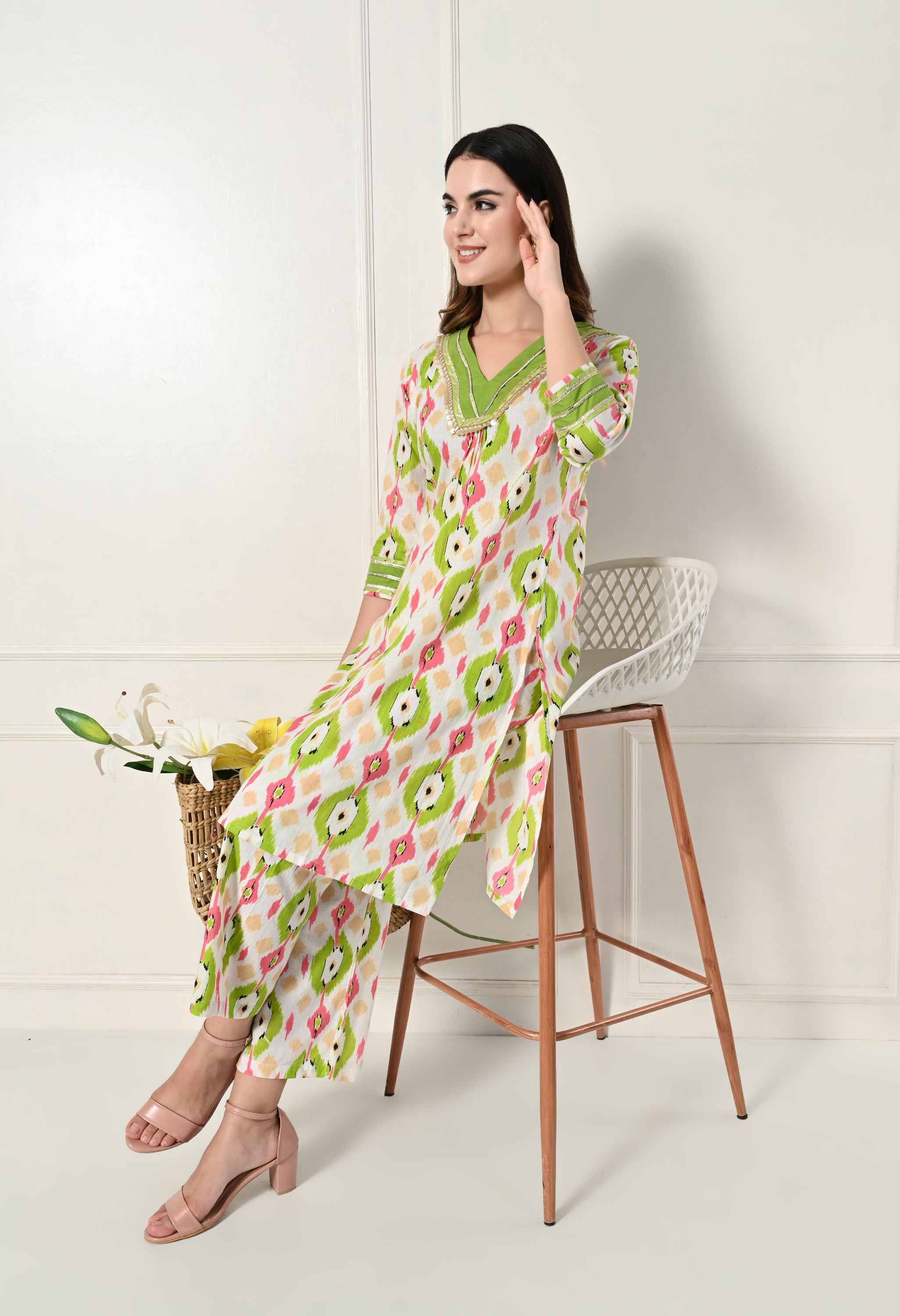 Green Ikkat Kurta Set With Lace