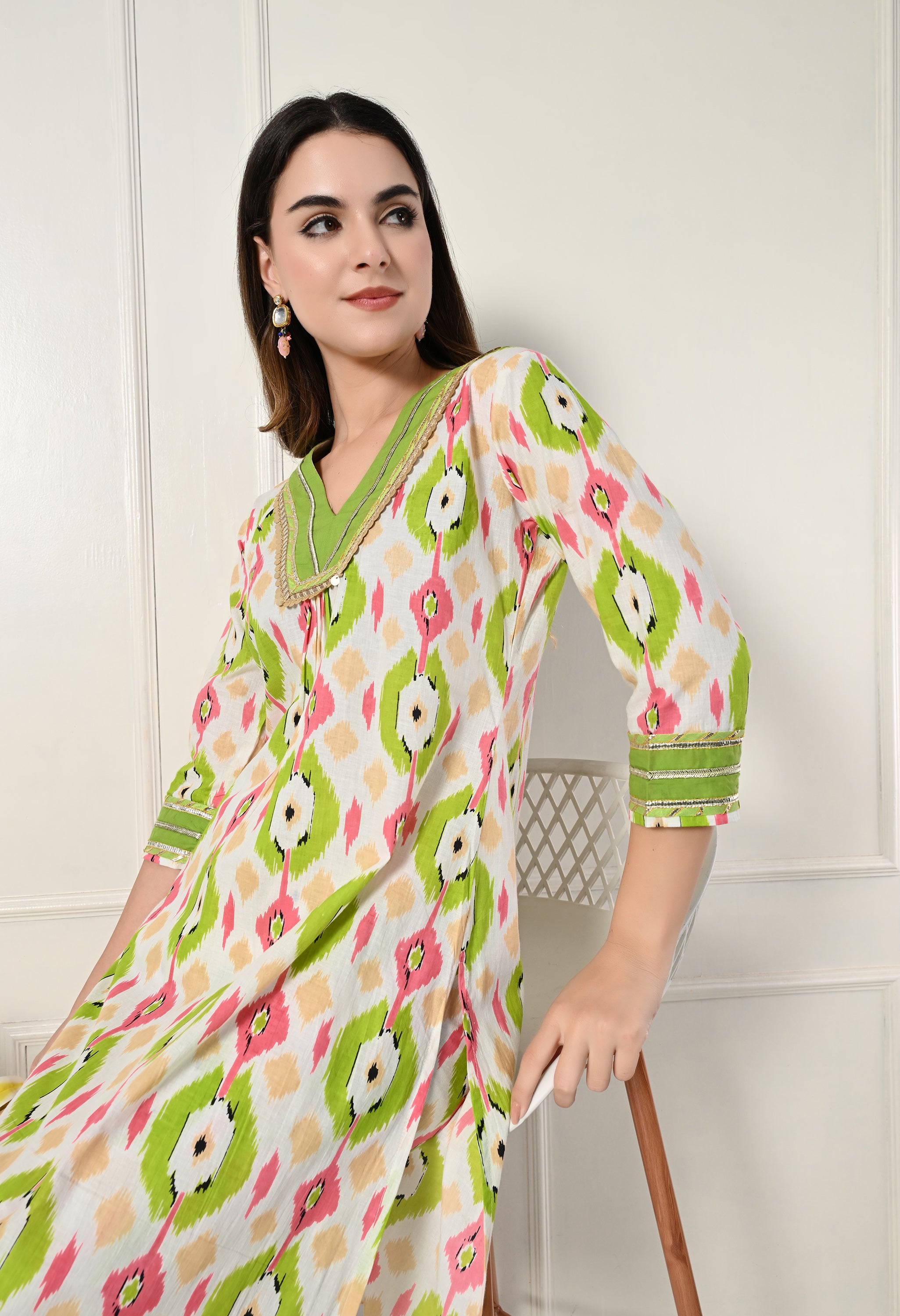 Green Ikkat Kurta Set With Lace