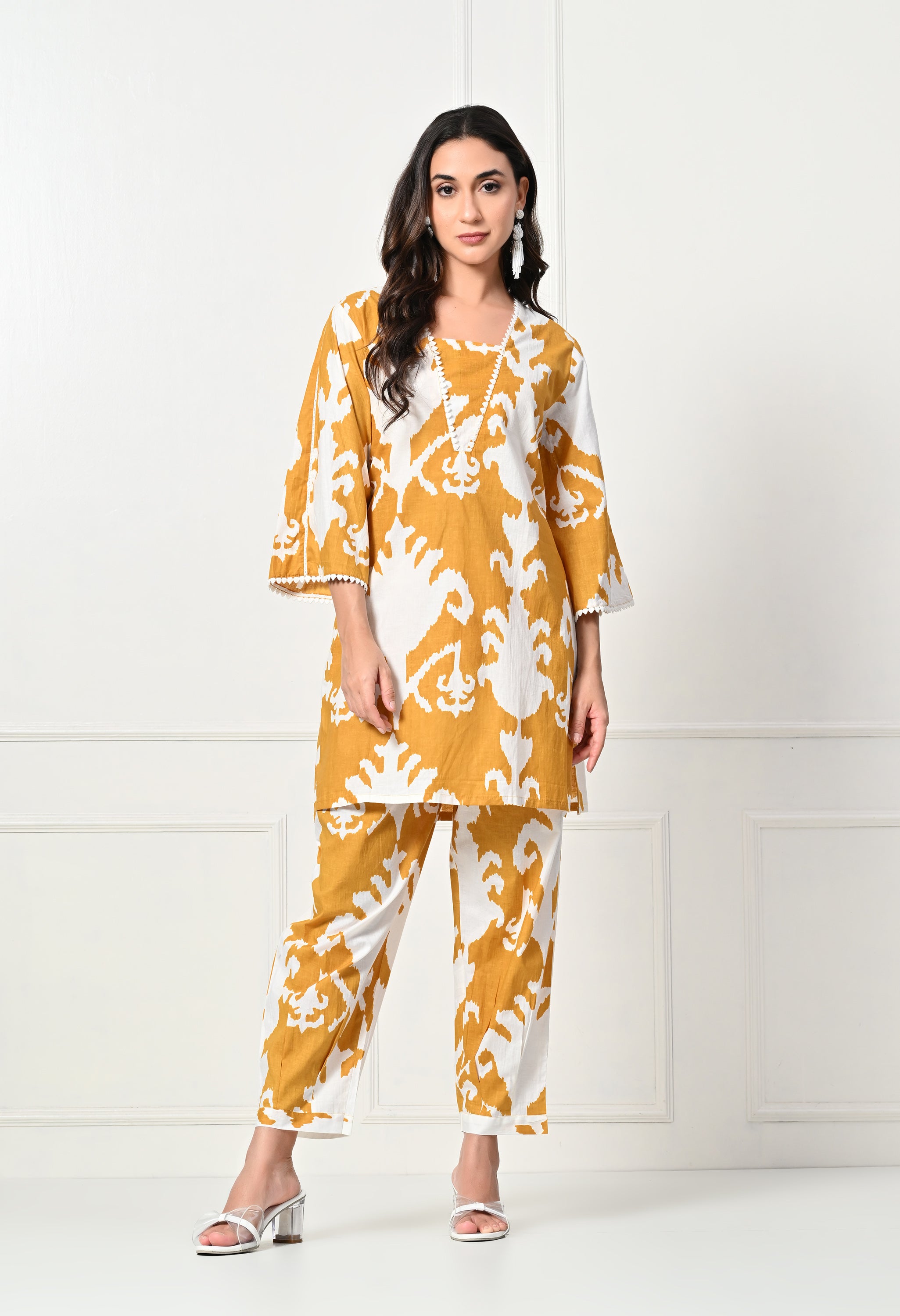 Mustard Big Flower Kurta Set With Lace details