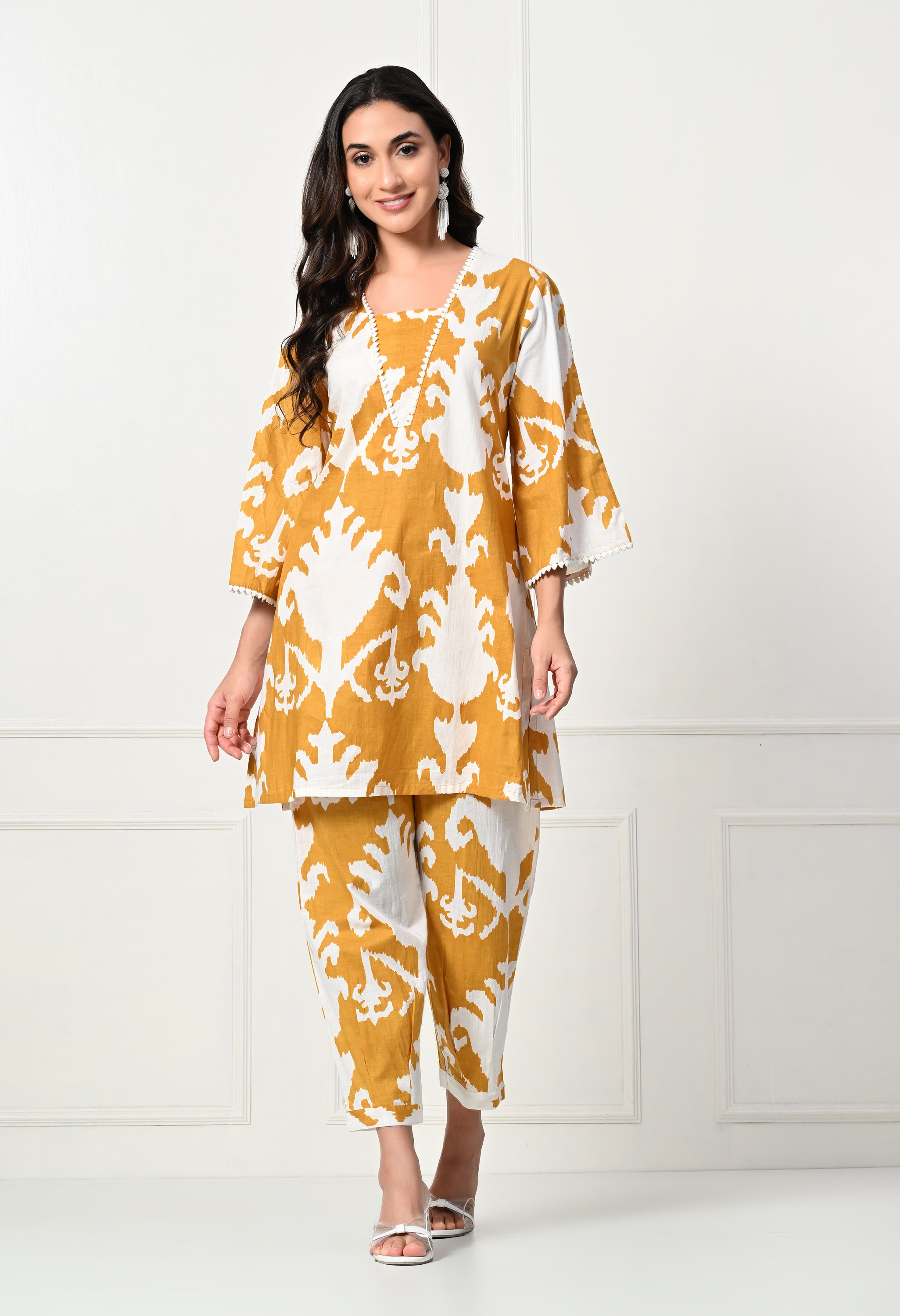 Mustard Big Flower Kurta Set With Lace details