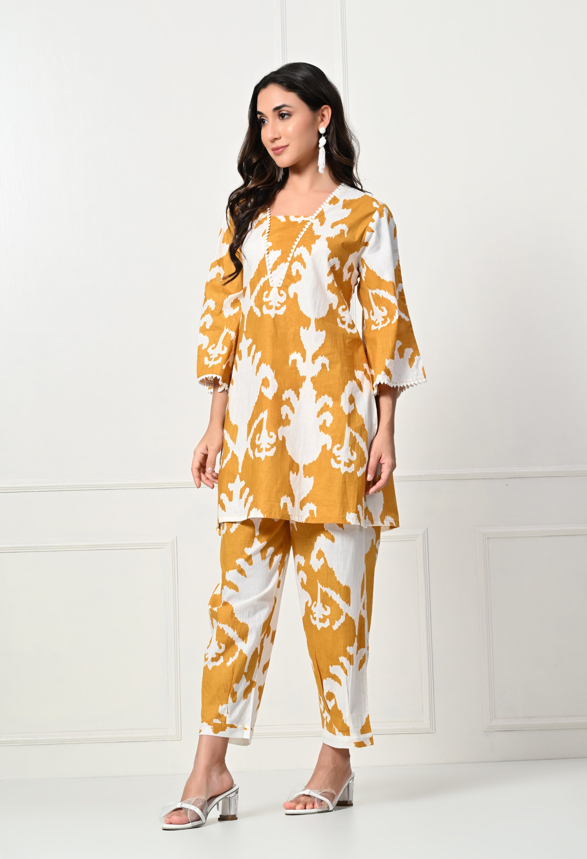 Mustard Big Flower Kurta Set With Lace details