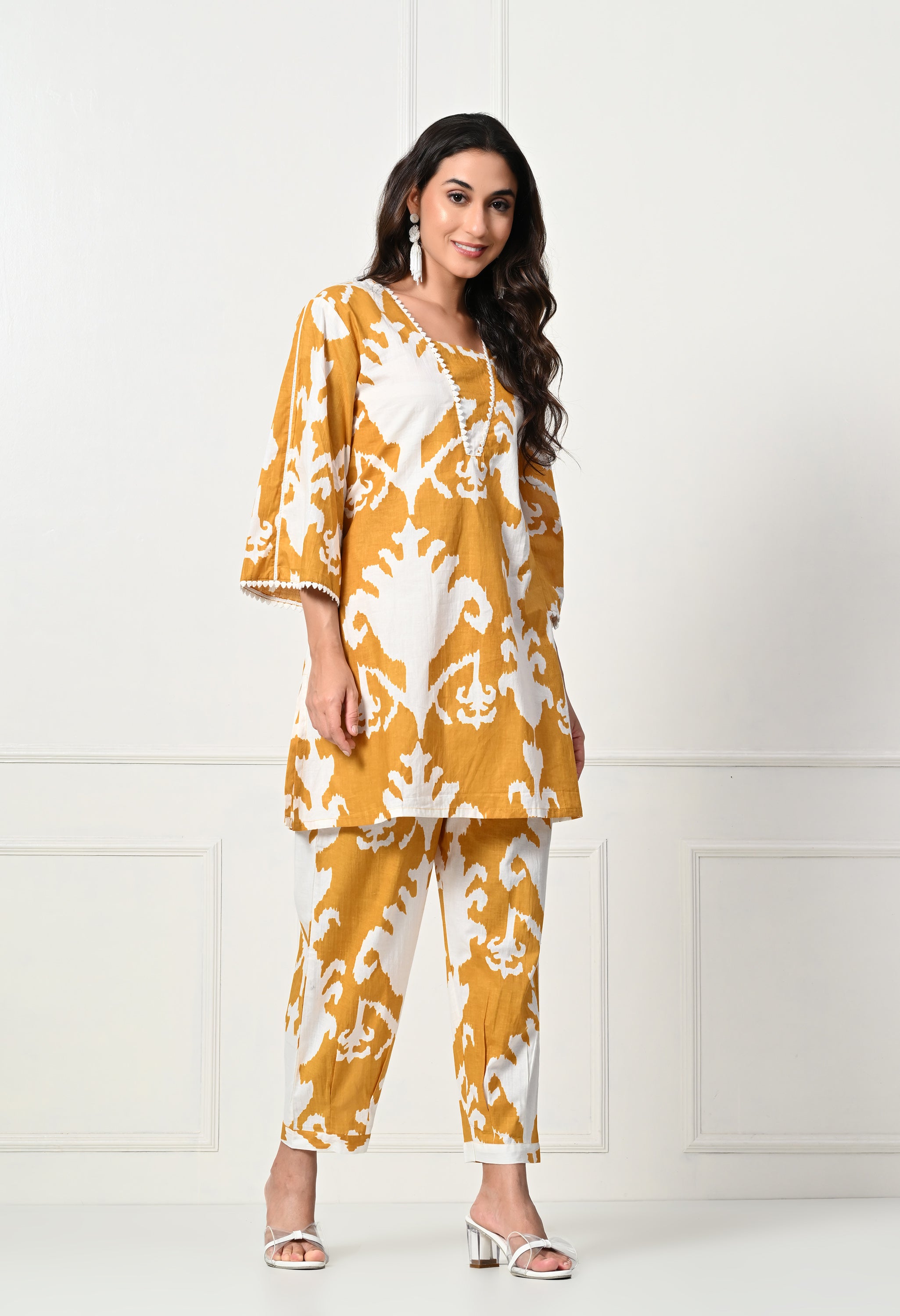 Mustard Big Flower Kurta Set With Lace details