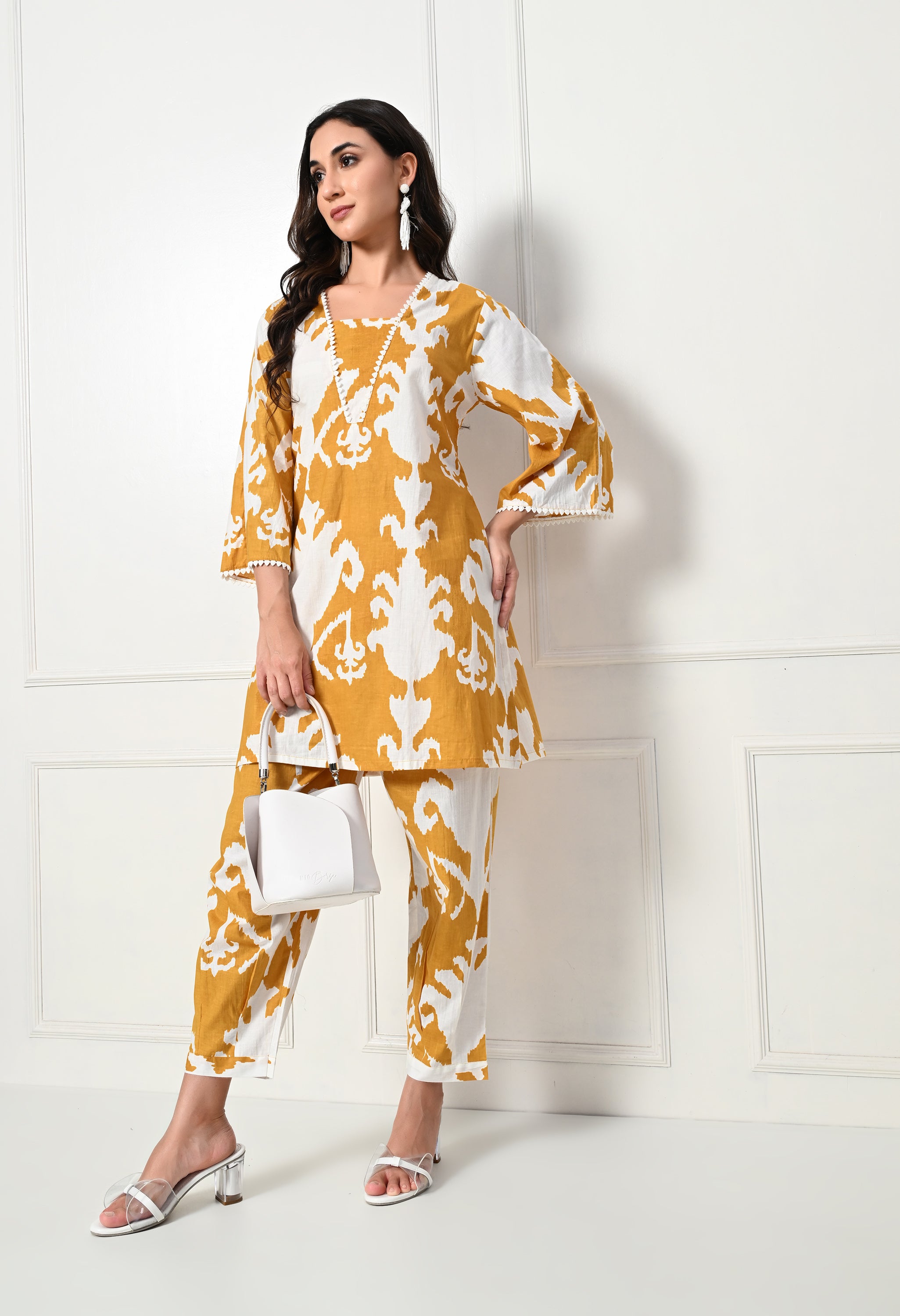 Mustard Big Flower Kurta Set With Lace details