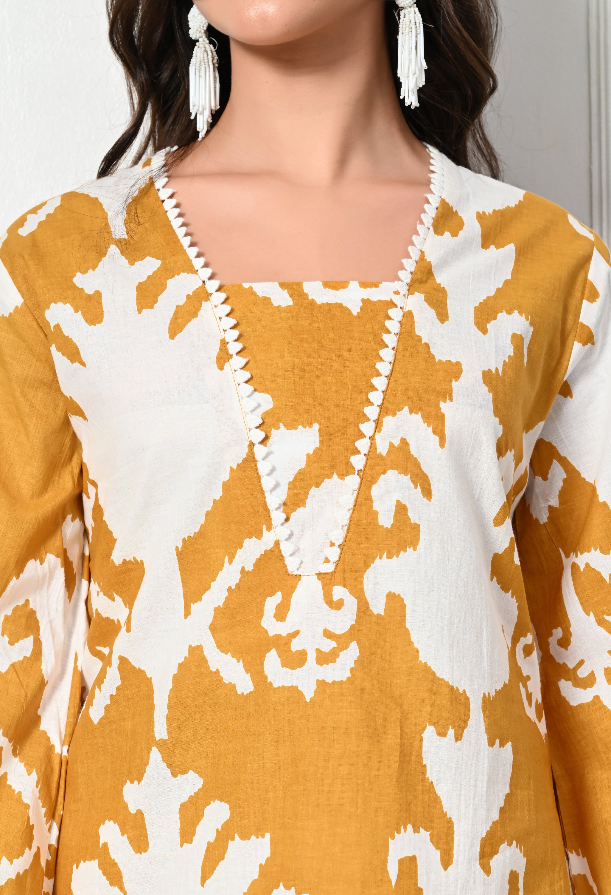 Mustard Big Flower Kurta Set With Lace details