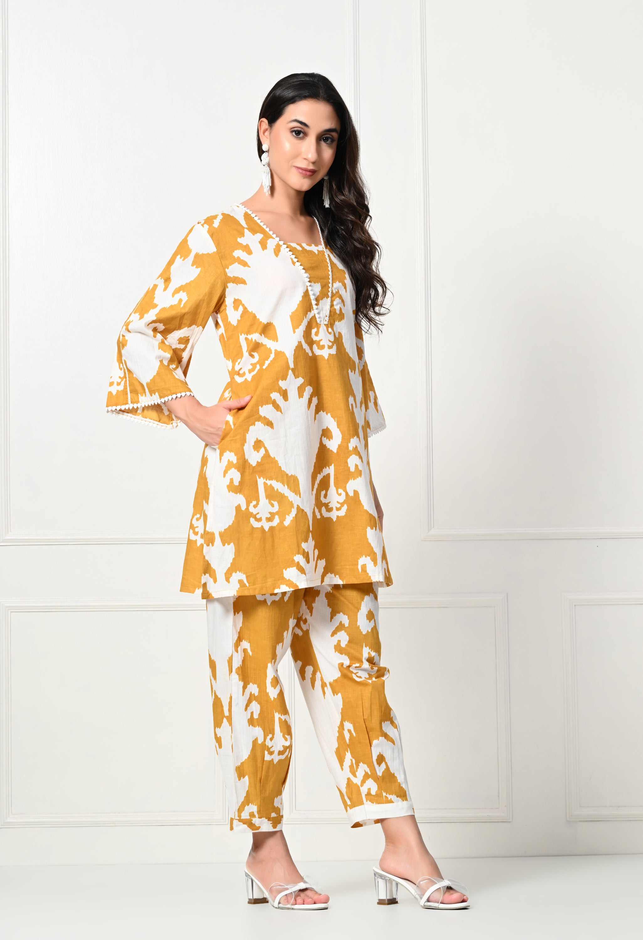 Mustard Big Flower Kurta Set With Lace details