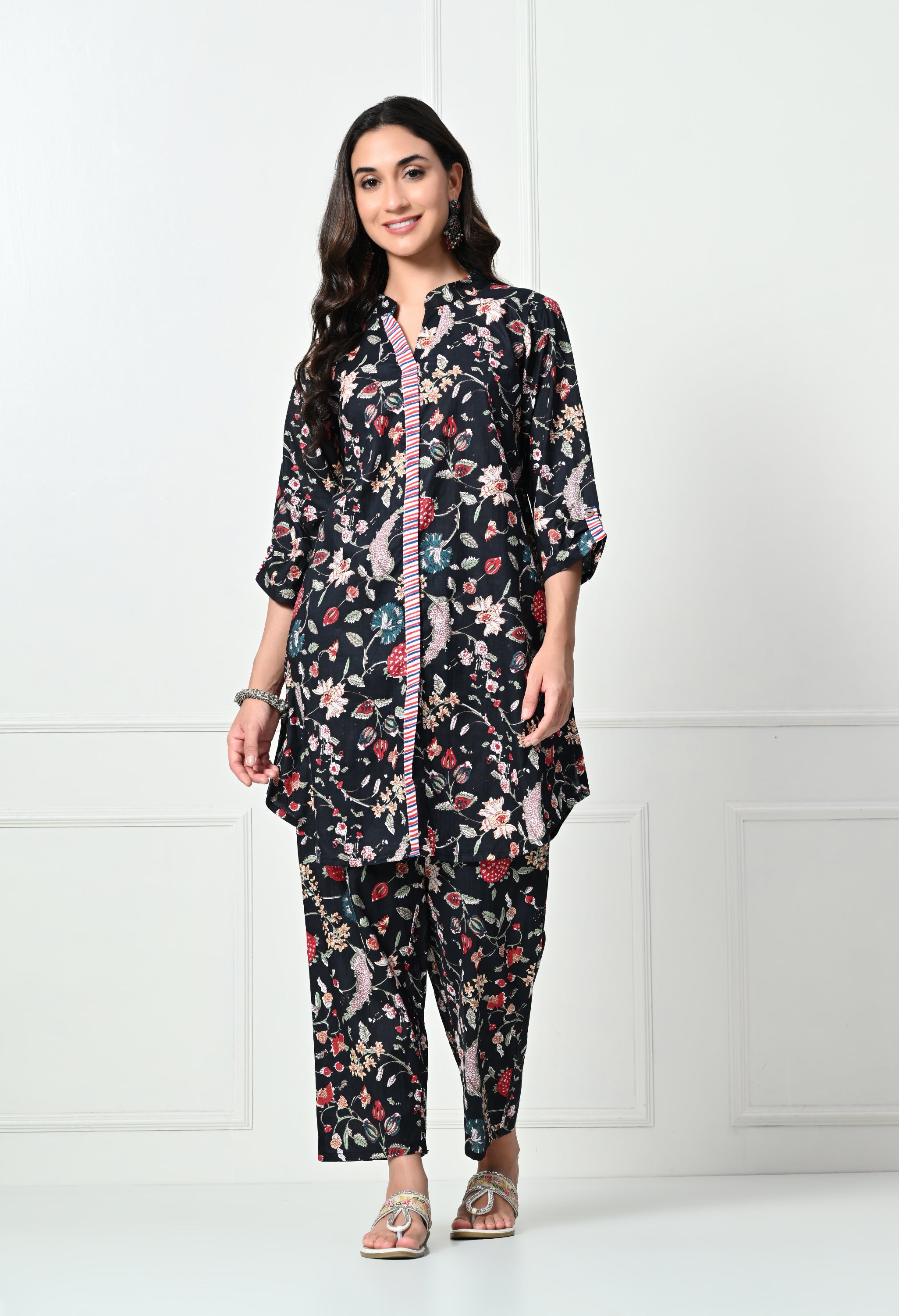 Pure Cotton Black Floral Jaal Print Kurta Set