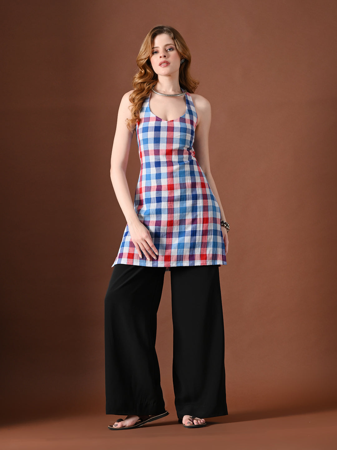 Women Check Printed Halter Neck Pure Cotton Kurti