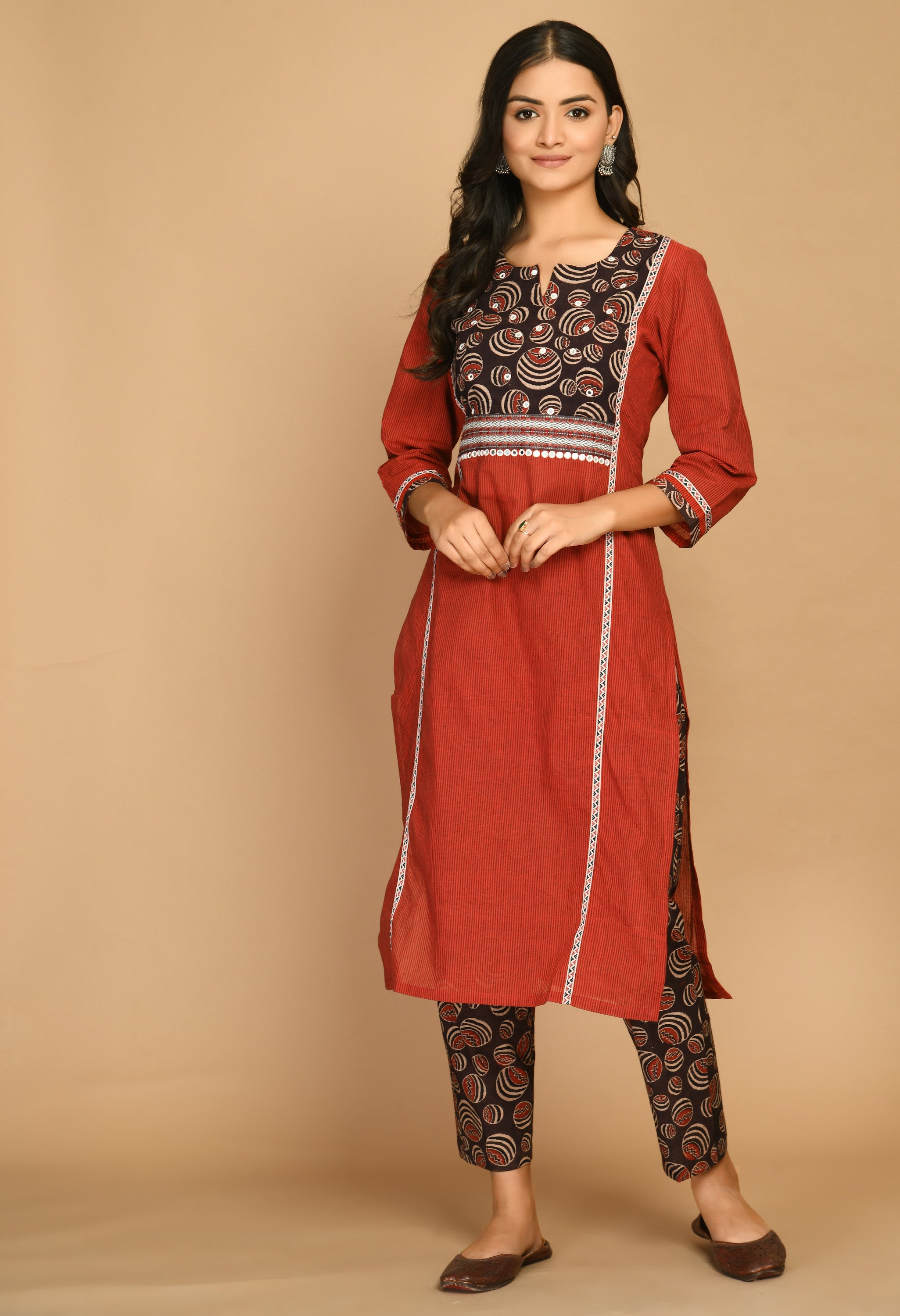 Maroon Kurta Set With Ajrakh Pants