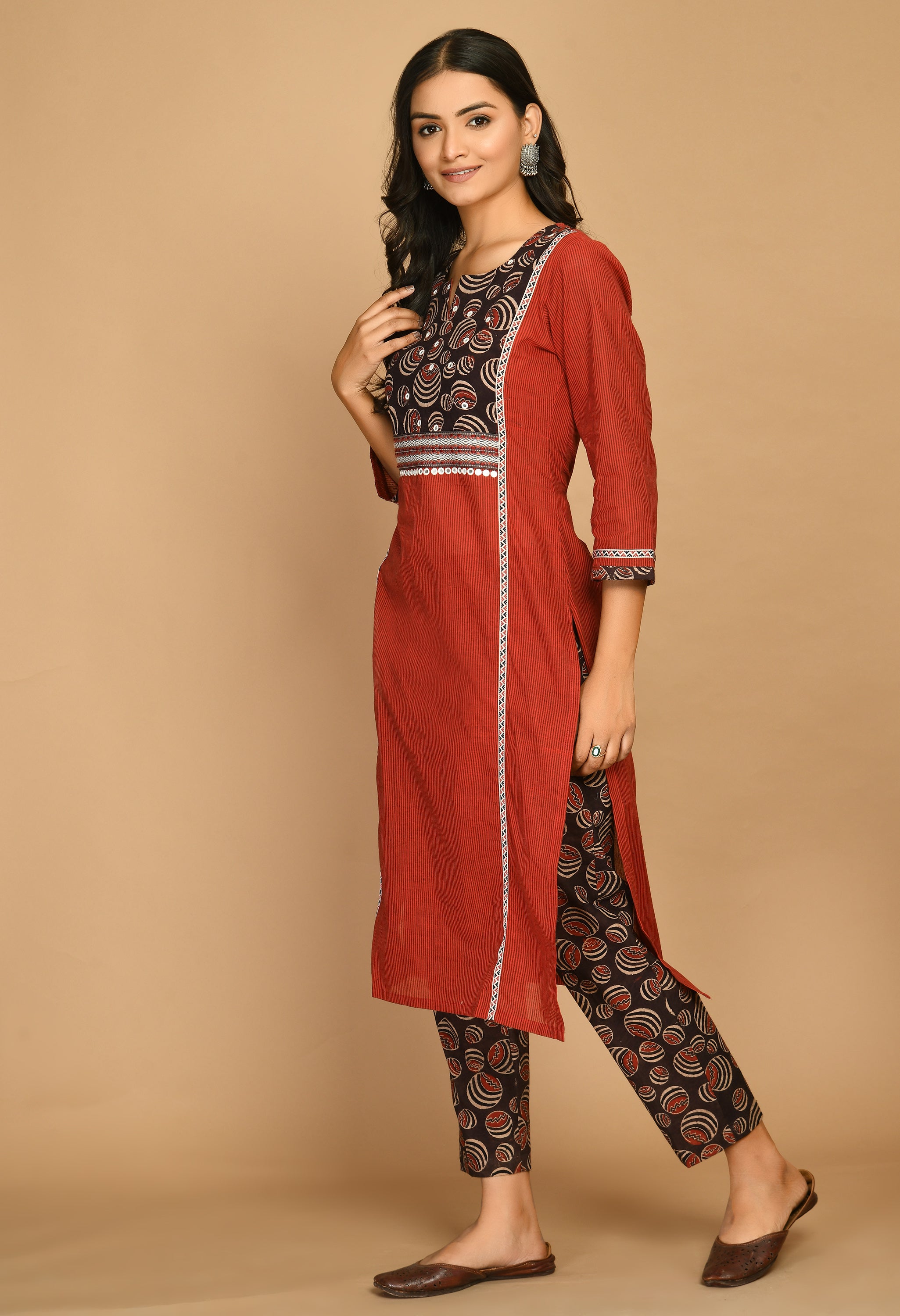 Maroon Kurta Set With Ajrakh Pants