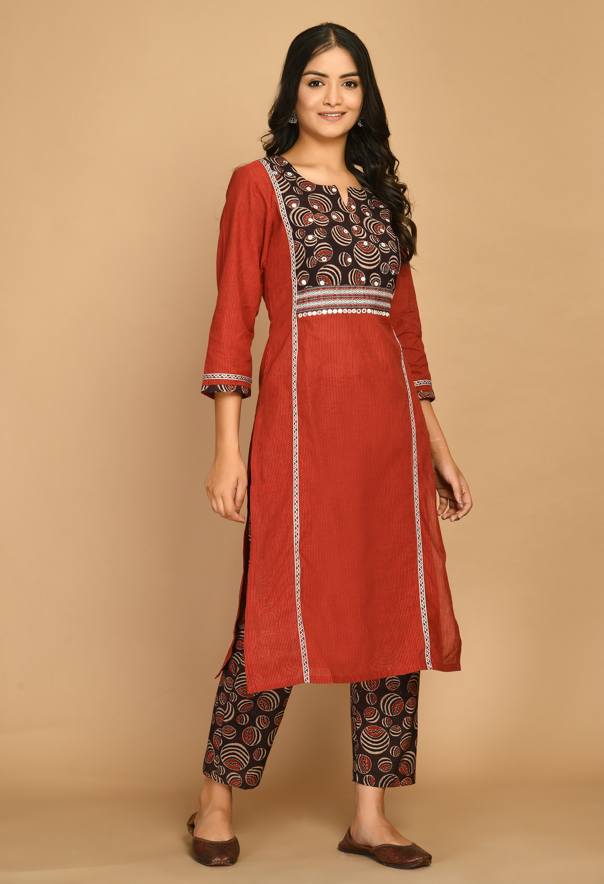 Maroon Kurta Set With Ajrakh Pants