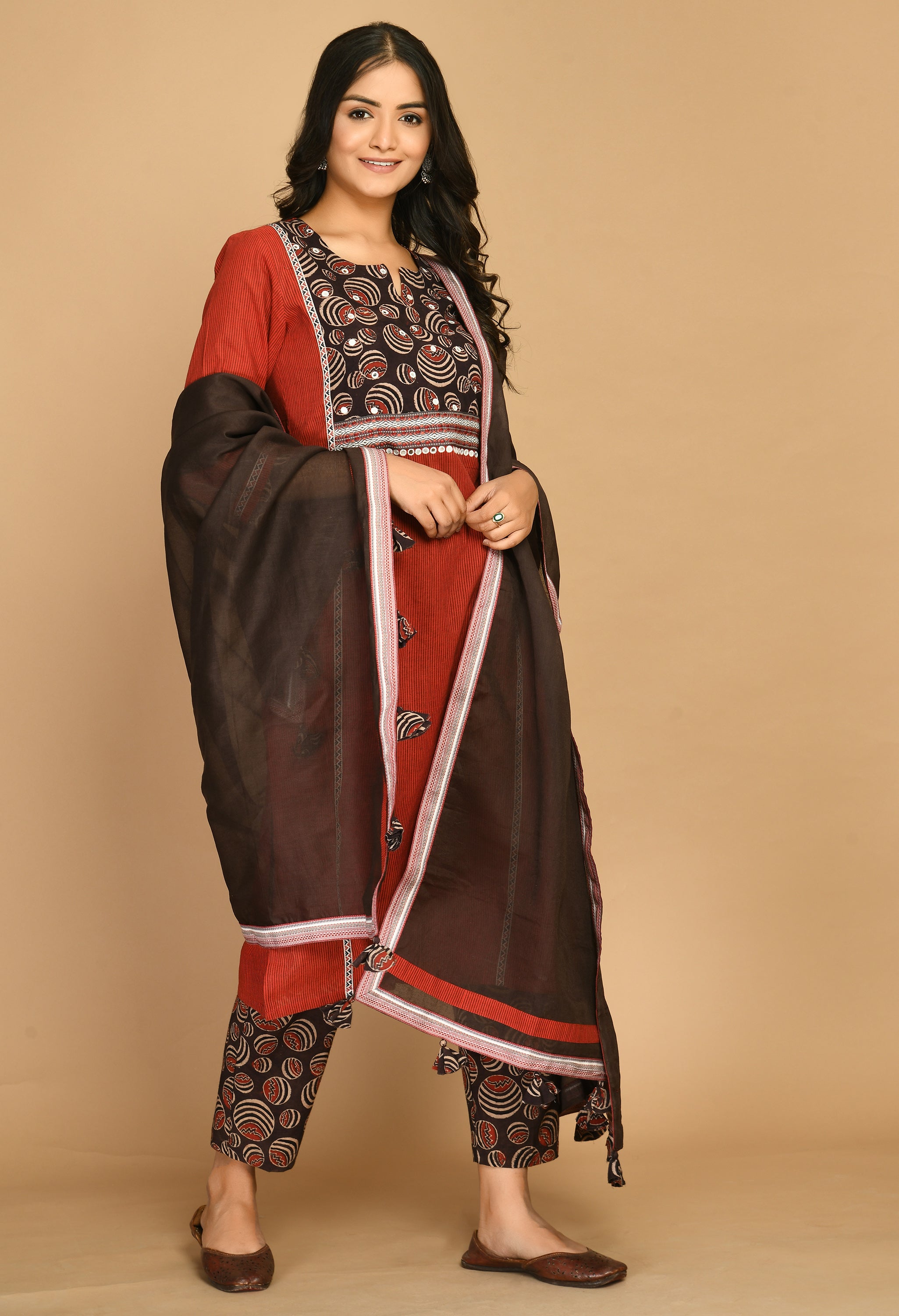 Maroon Kurta Set With Ajrakh Pants