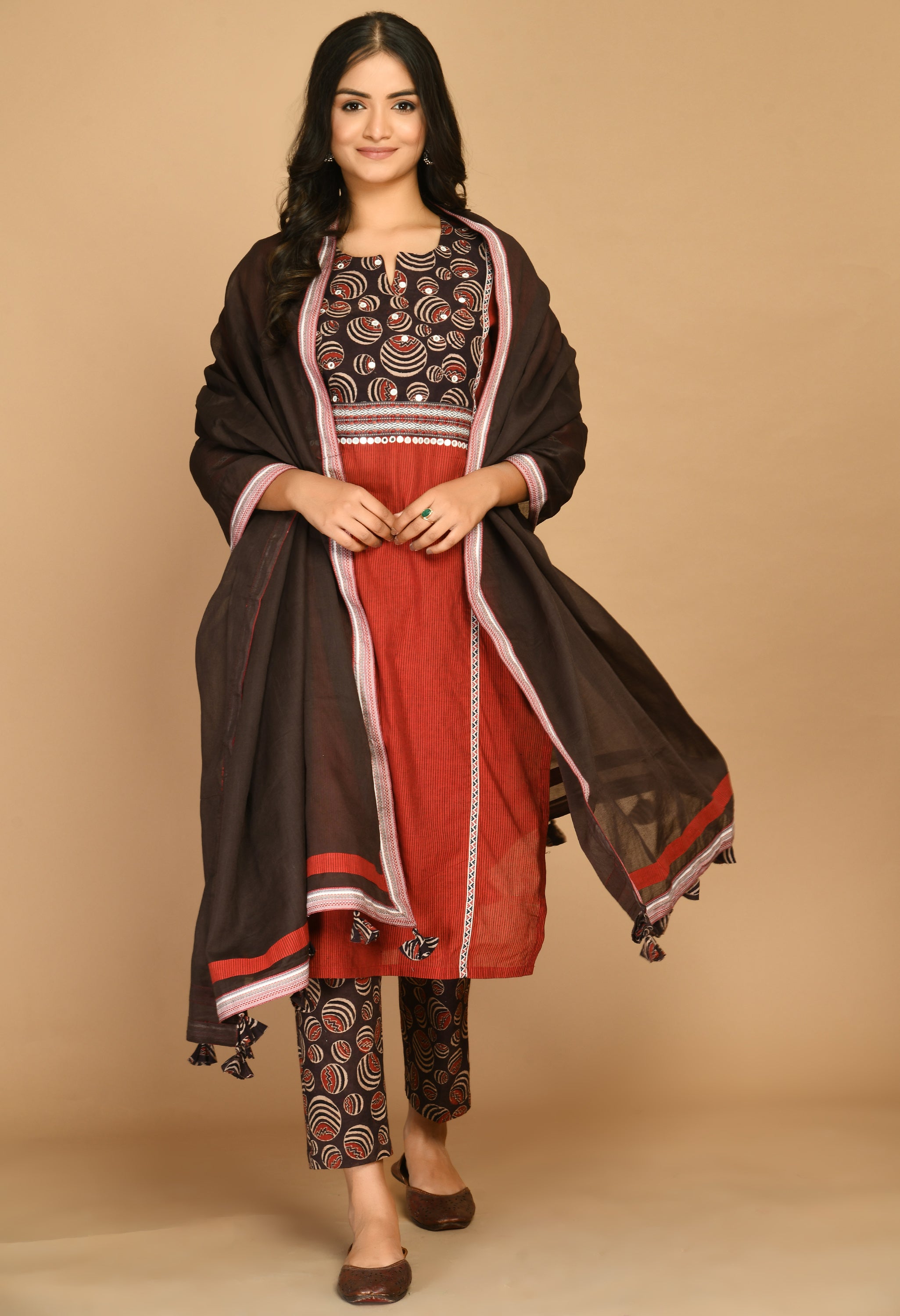 Maroon Kurta Set With Ajrakh Pants