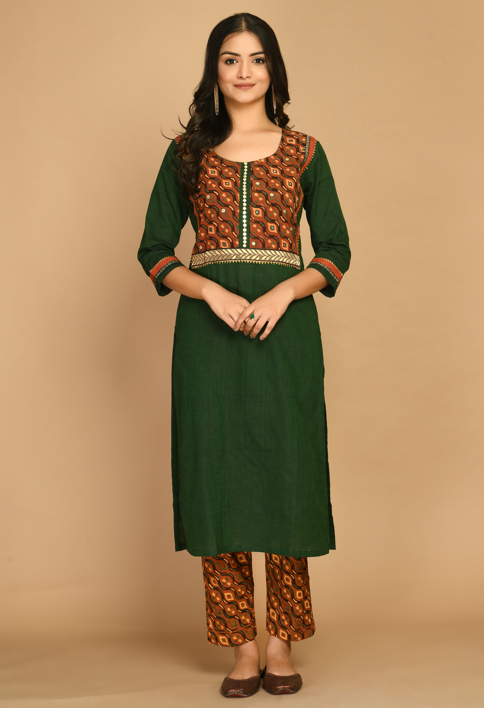 Handloom Green Cotton Kurta with Ajrakh Pants