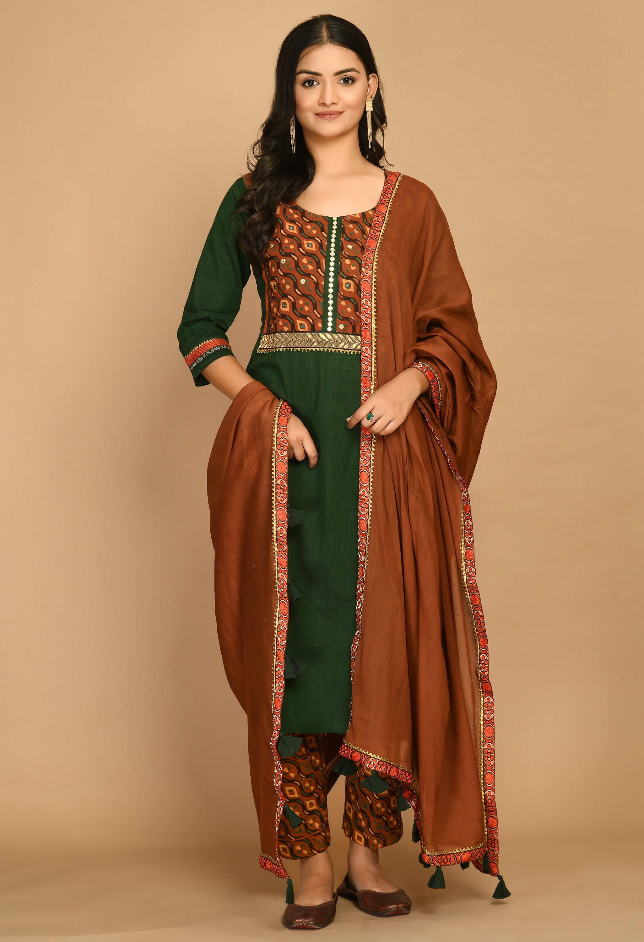 Handloom Green Cotton Kurta with Ajrakh Pants