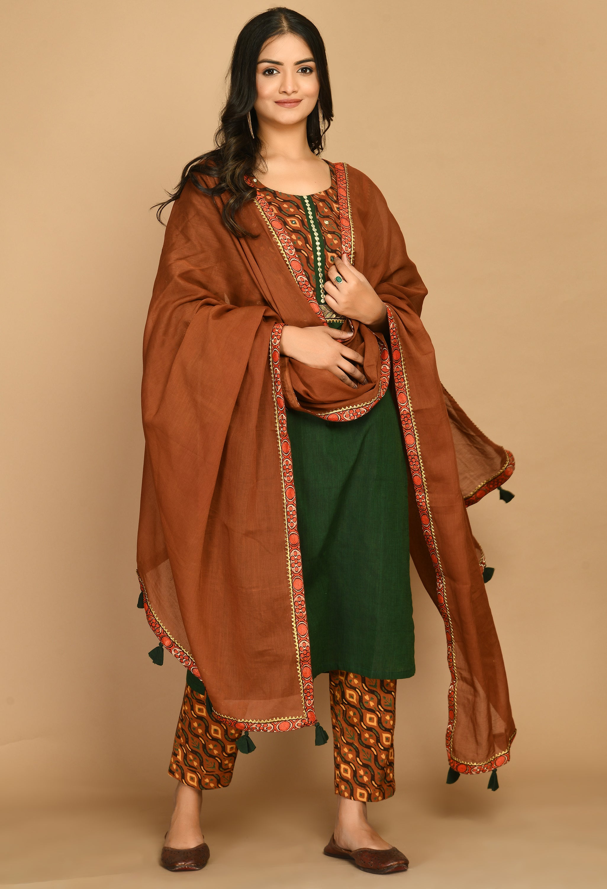 Handloom Green Cotton Kurta with Ajrakh Pants