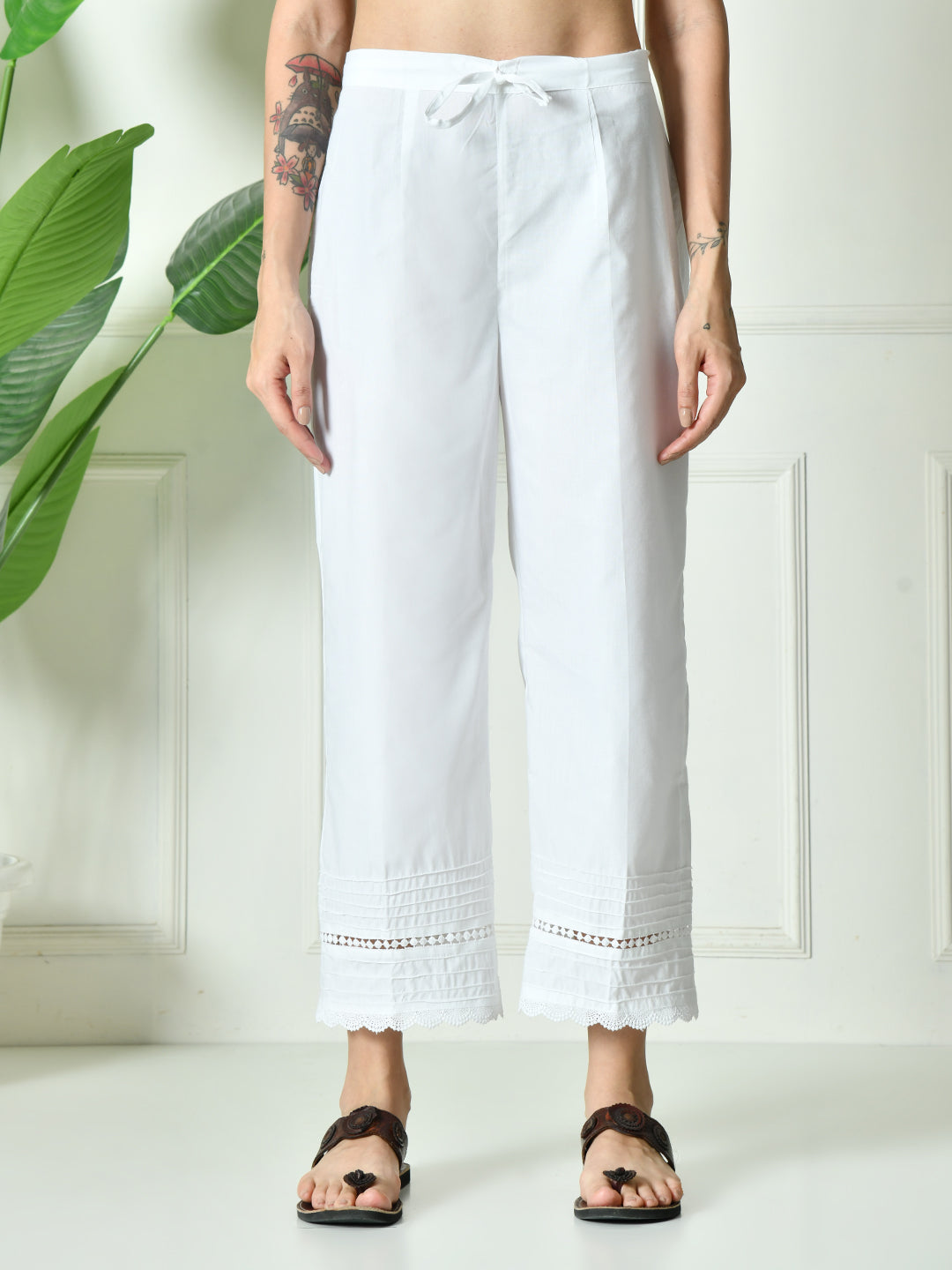 White Cotton Palazzo With Lace and Pintucks