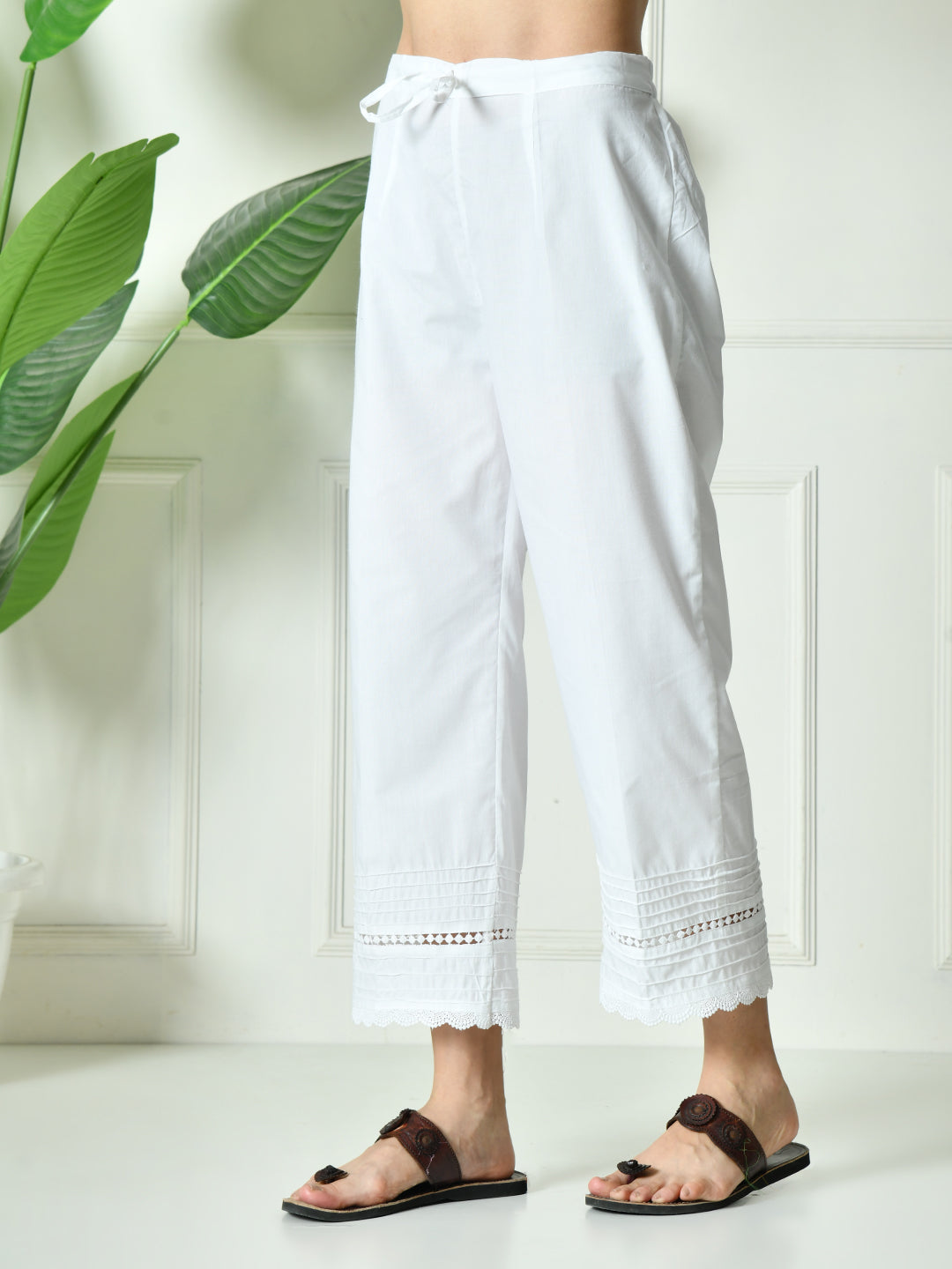 White Cotton Palazzo With Lace and Pintucks