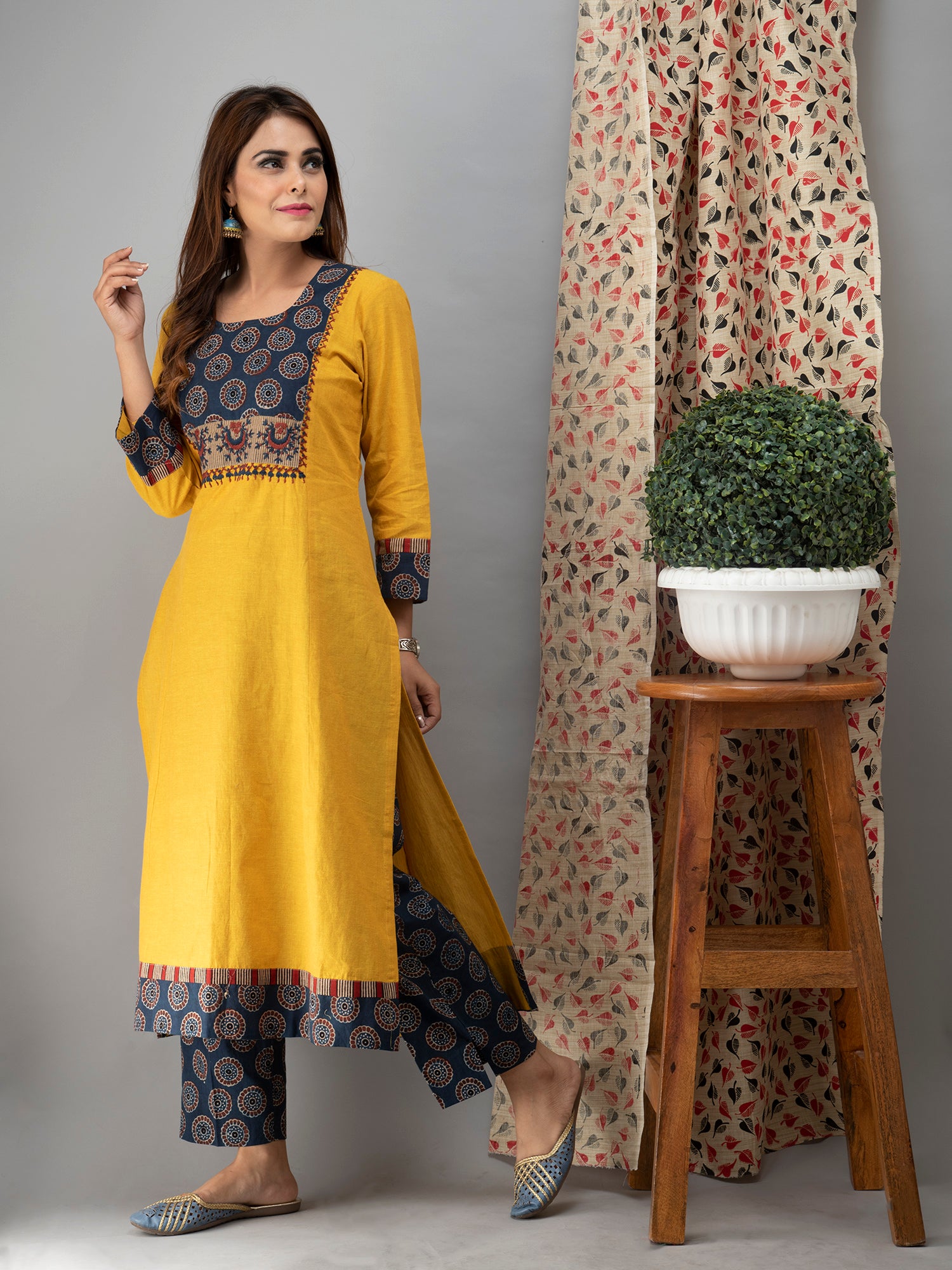 Hand Embroidered Yellow  Kurta With Ajrakh Pants And Dupatta