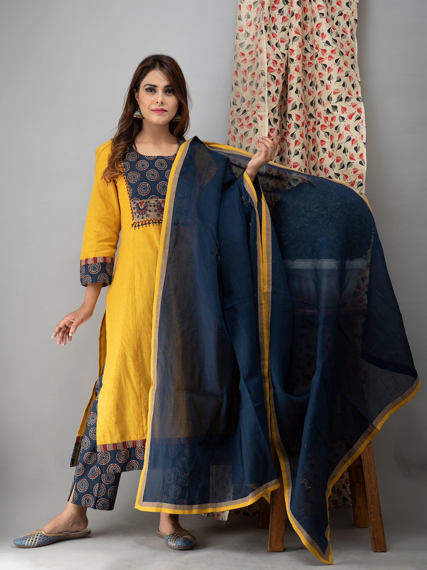 Hand Embroidered Yellow  Kurta With Ajrakh Pants And Dupatta