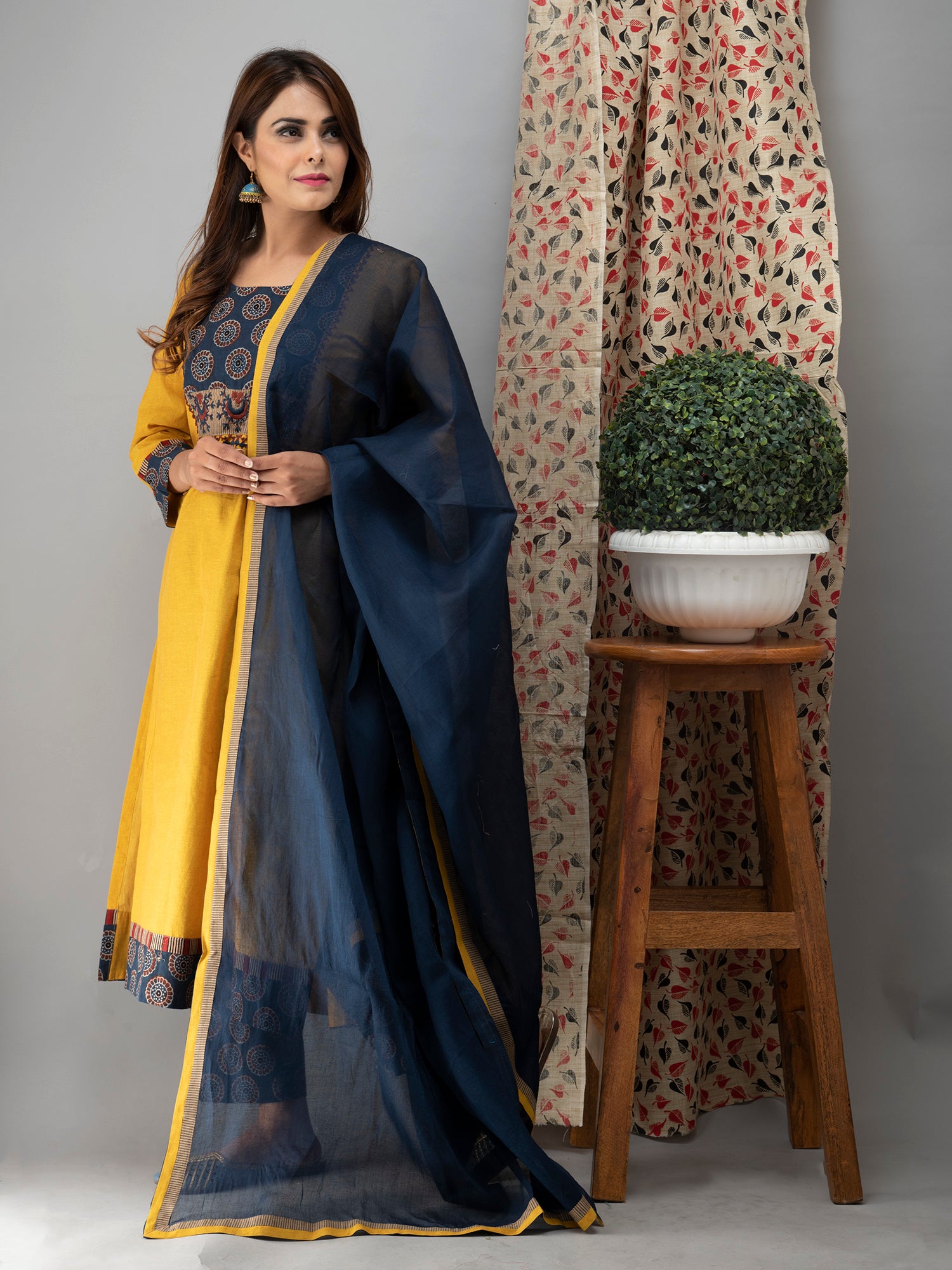 Hand Embroidered Yellow  Kurta With Ajrakh Pants And Dupatta