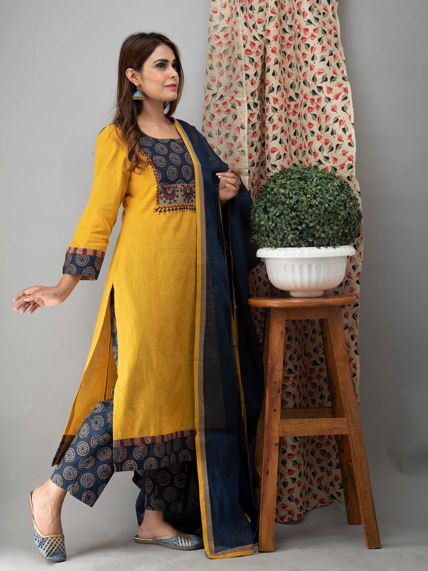 Hand Embroidered Yellow  Kurta With Ajrakh Pants And Dupatta