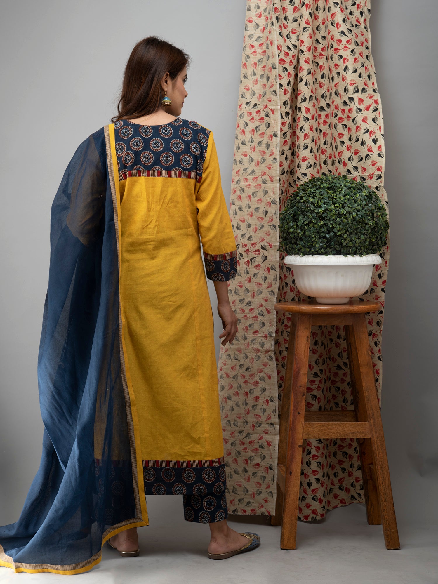 Hand Embroidered Yellow  Kurta With Ajrakh Pants And Dupatta