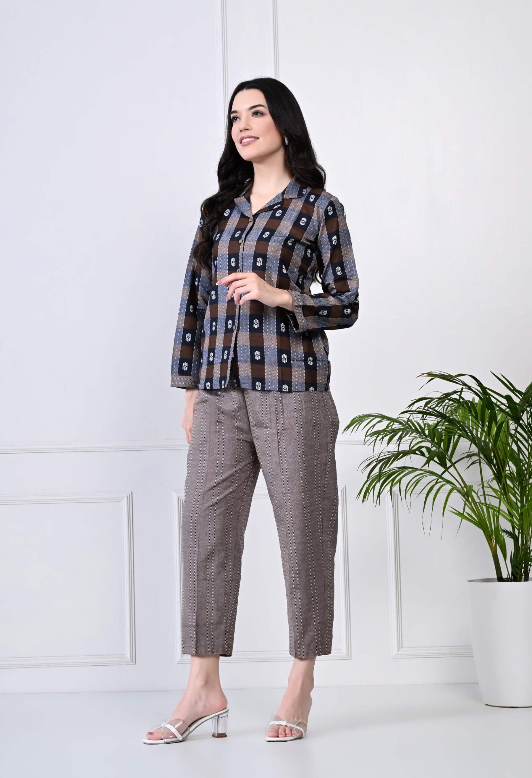 Coffee Brown and Navy Blue  Checked Cotton Pyjama Set