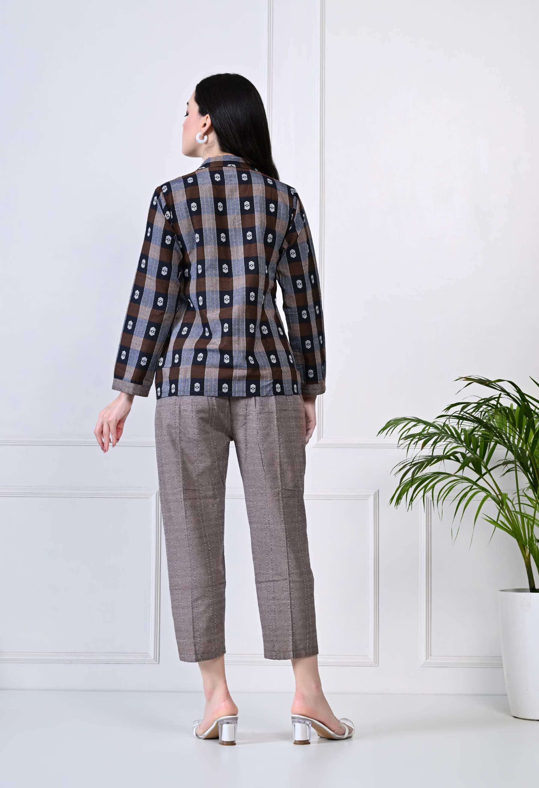 Coffee Brown and Navy Blue  Checked Cotton Pyjama Set