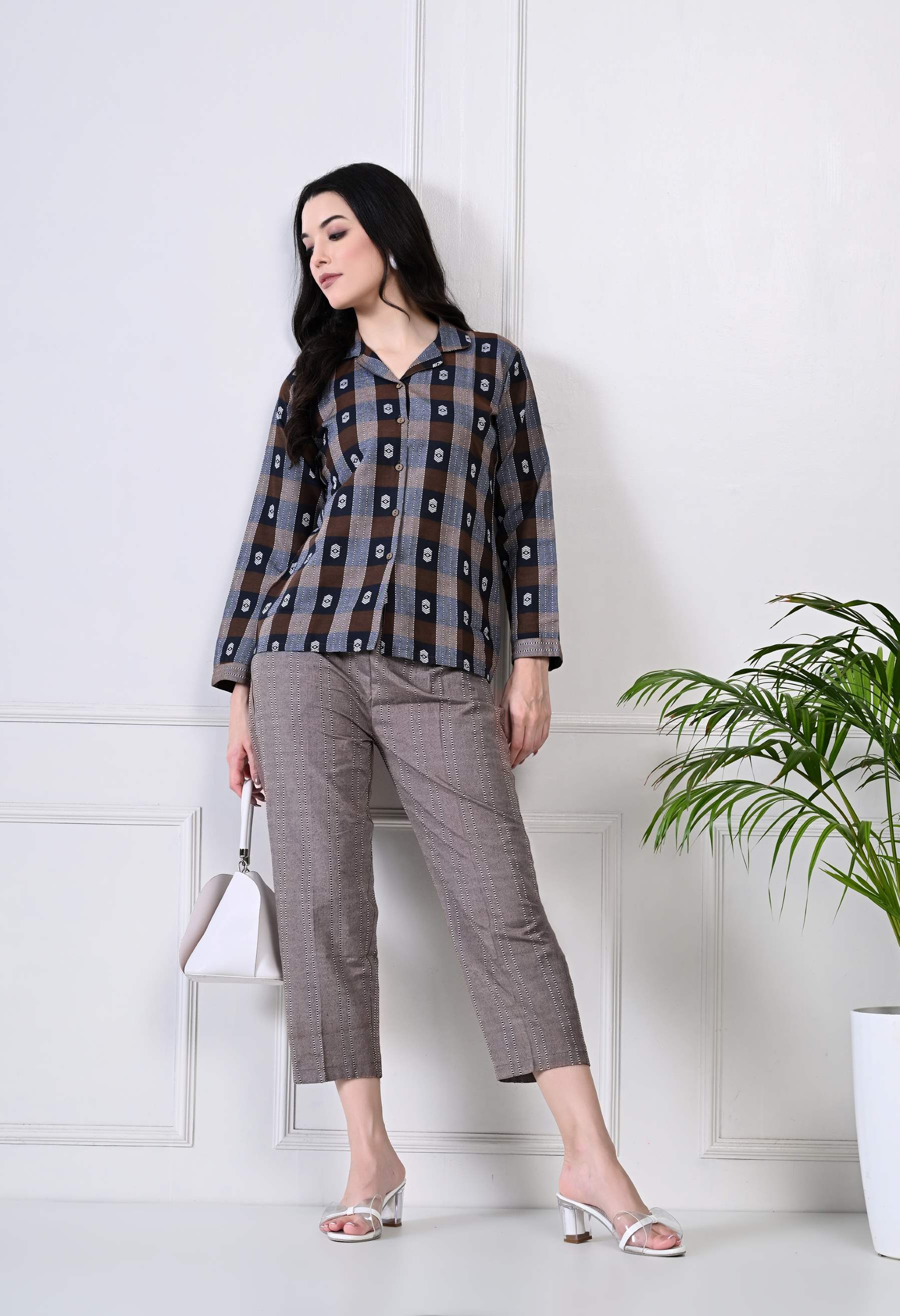 Coffee Brown and Navy Blue  Checked Cotton Pyjama Set