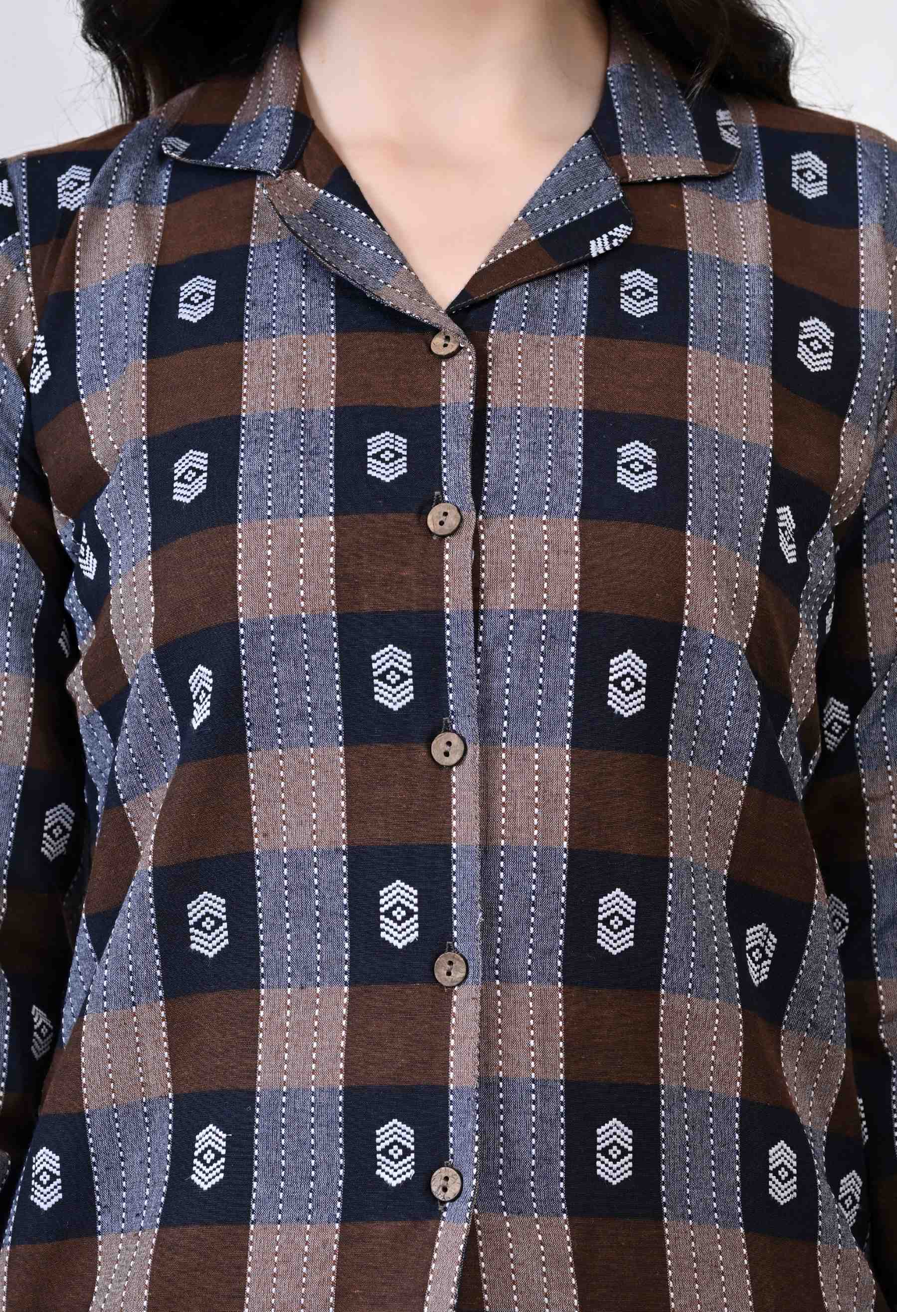 Coffee Brown and Navy Blue  Checked Cotton Pyjama Set
