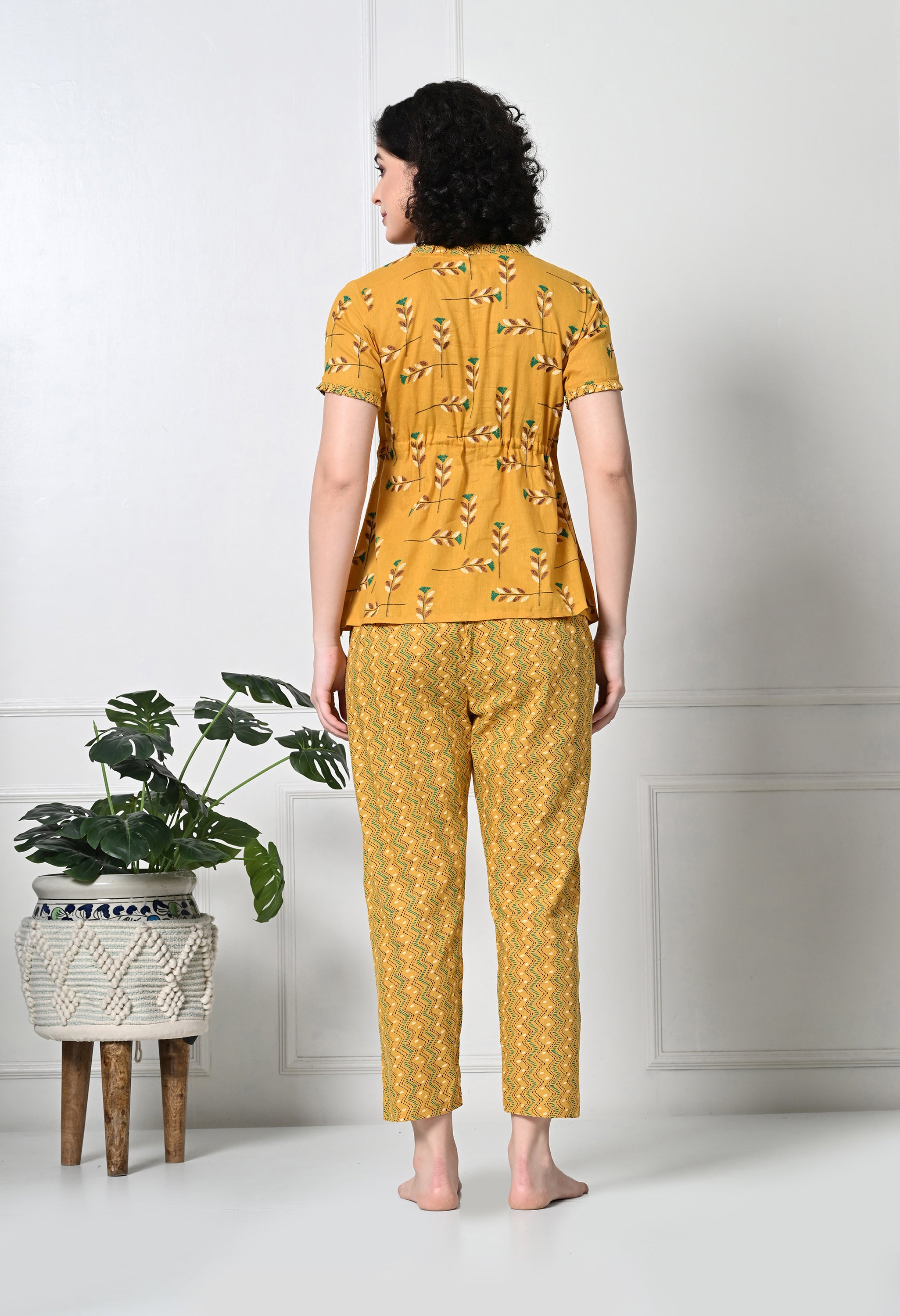 Yellow Floral Print Pure Cotton Sustainable Night suit