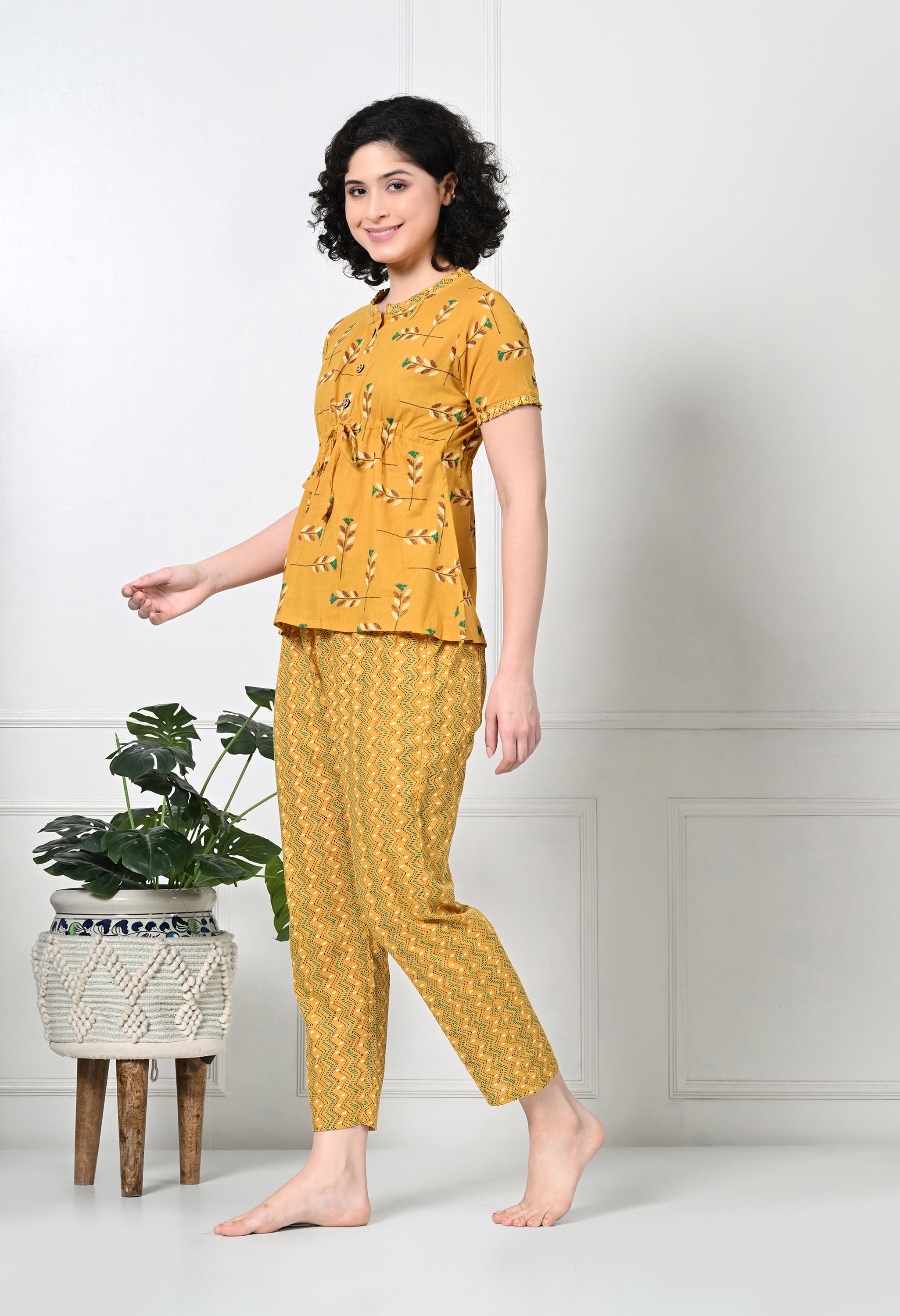 Yellow Floral Print Pure Cotton Sustainable Night suit