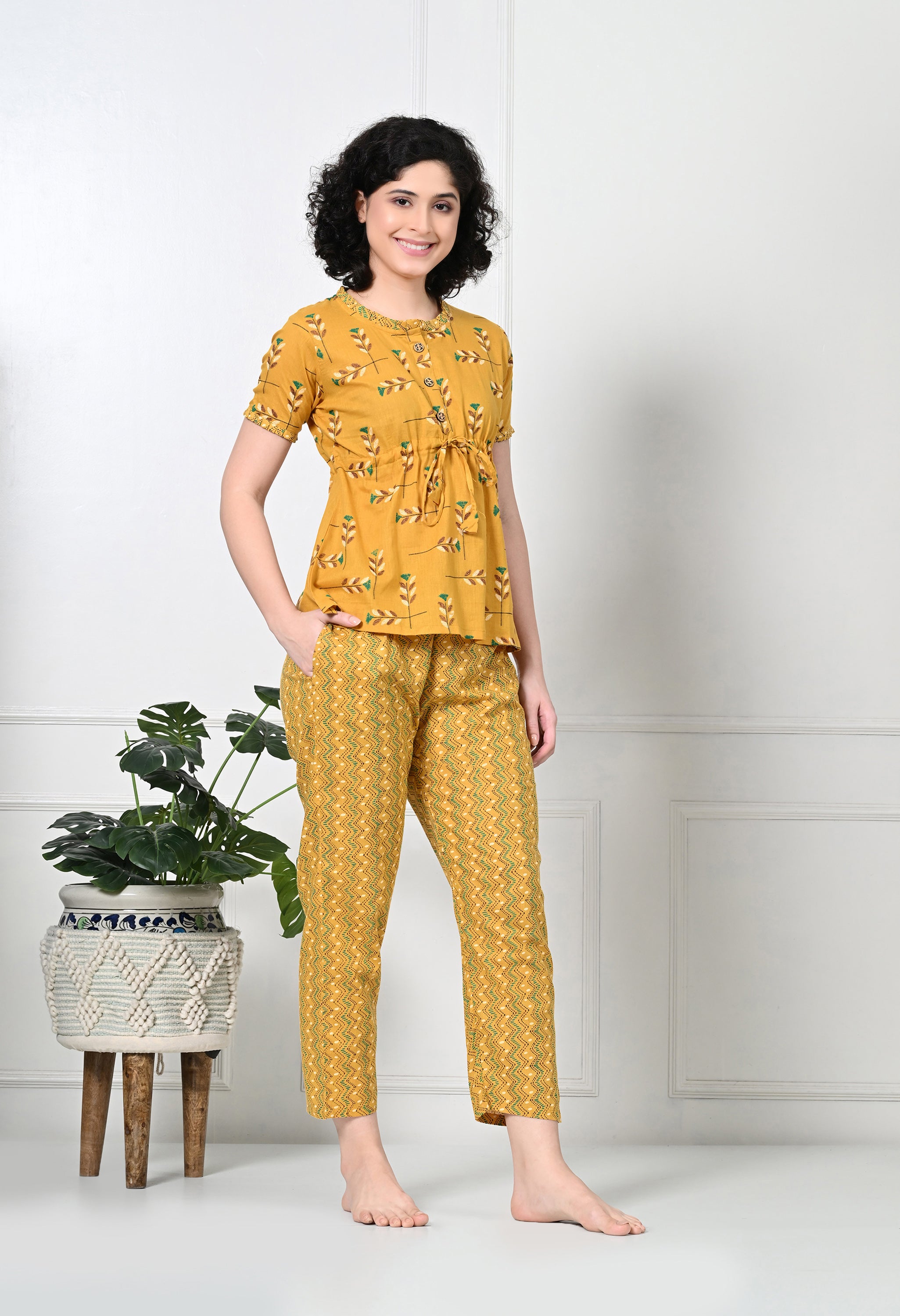 Yellow Floral Print Pure Cotton Sustainable Night suit