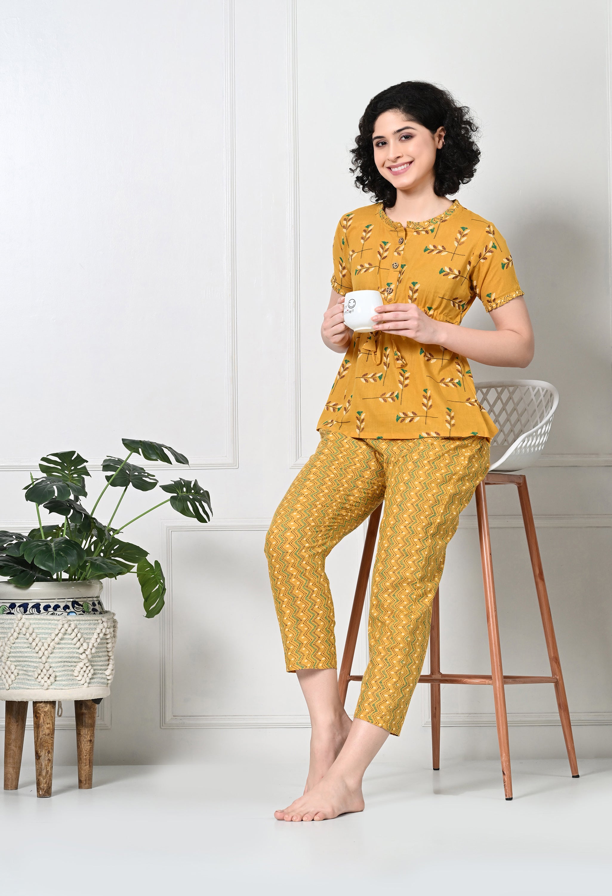 Yellow Floral Print Pure Cotton Sustainable Night suit