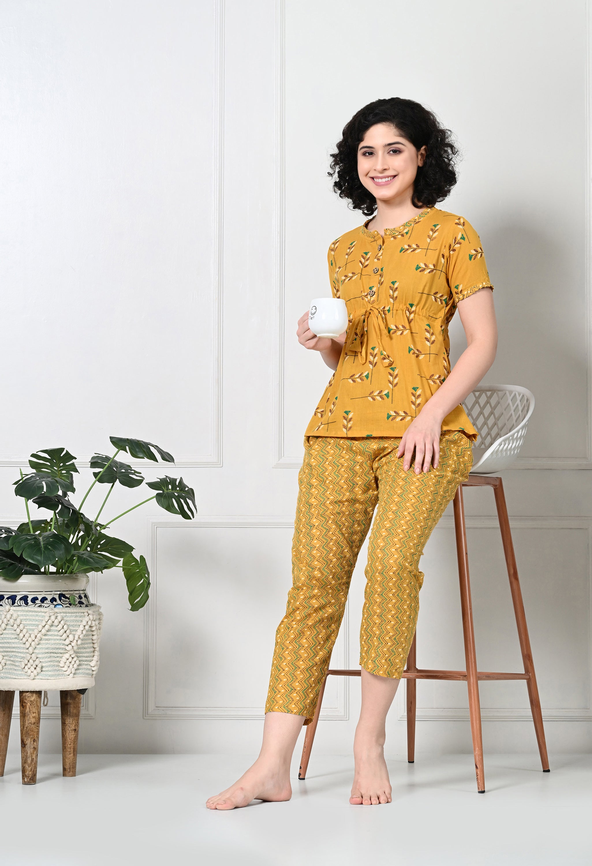 Yellow Floral Print Pure Cotton Sustainable Night suit