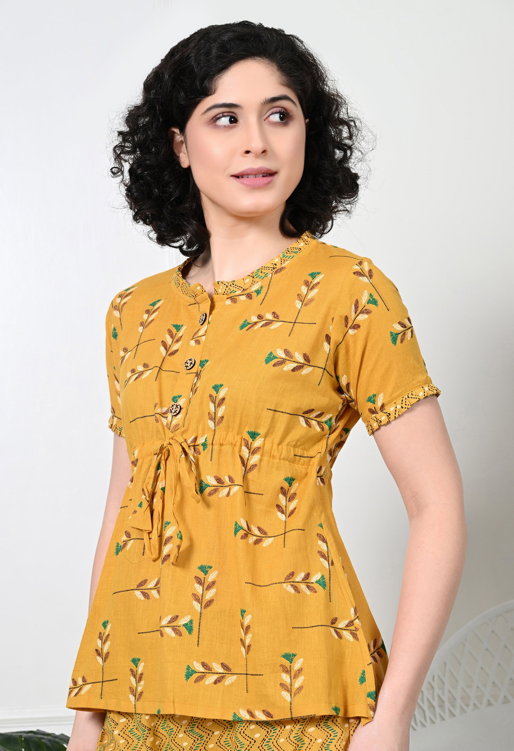 Yellow Floral Print Pure Cotton Sustainable Night suit