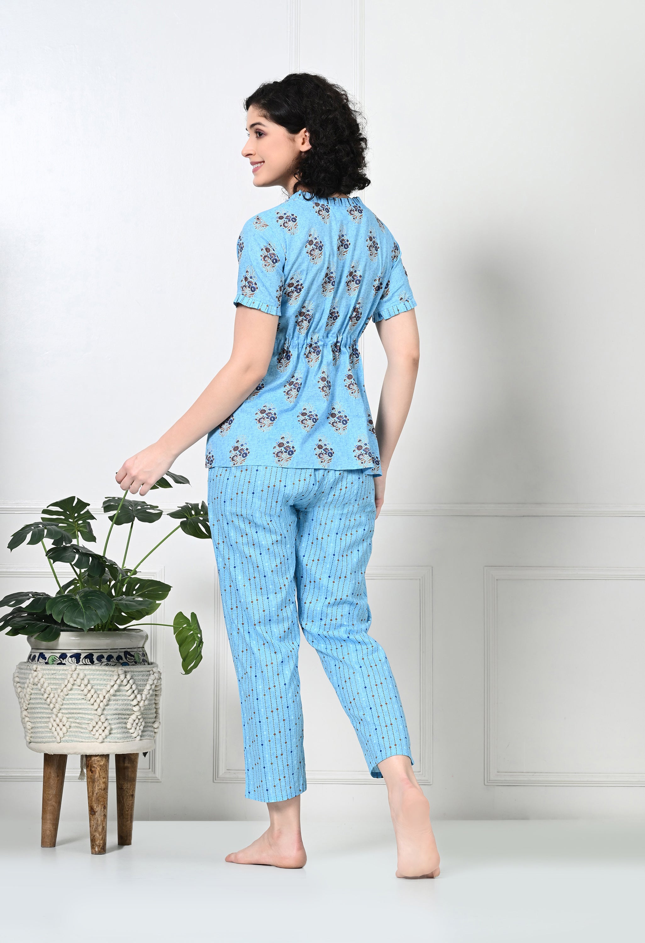 Blue Floral Print Pure Cotton Sustainable Night suit