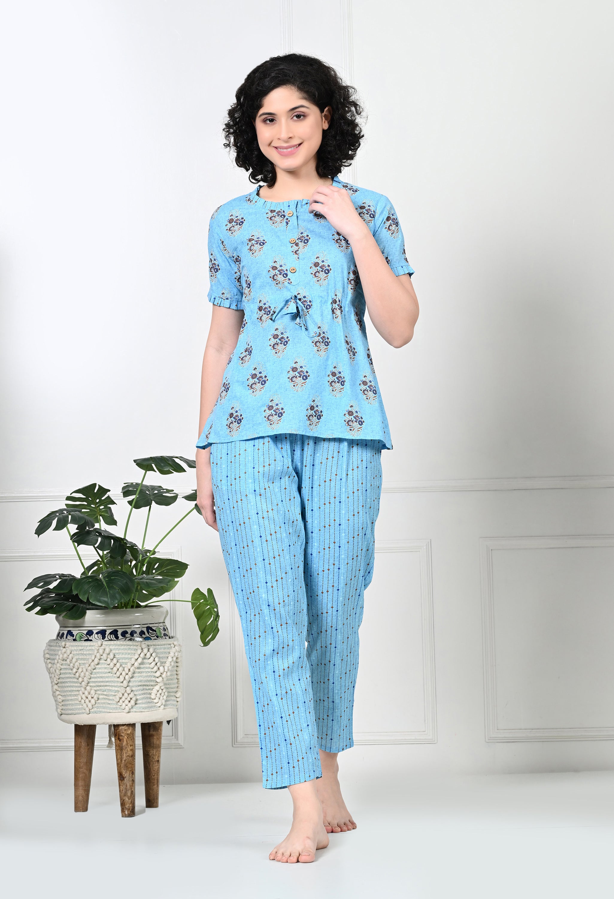 Blue Floral Print Pure Cotton Sustainable Night suit