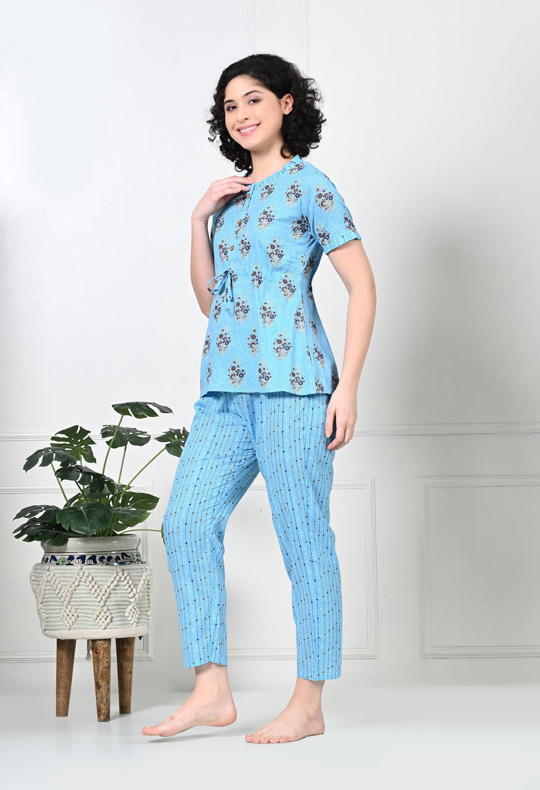 Blue Floral Print Pure Cotton Sustainable Night suit