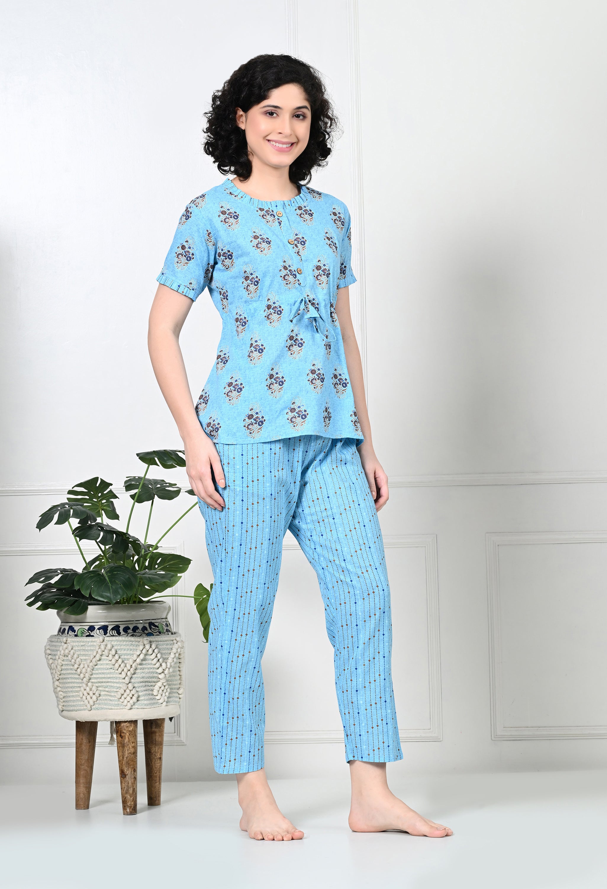 Blue Floral Print Pure Cotton Sustainable Night suit