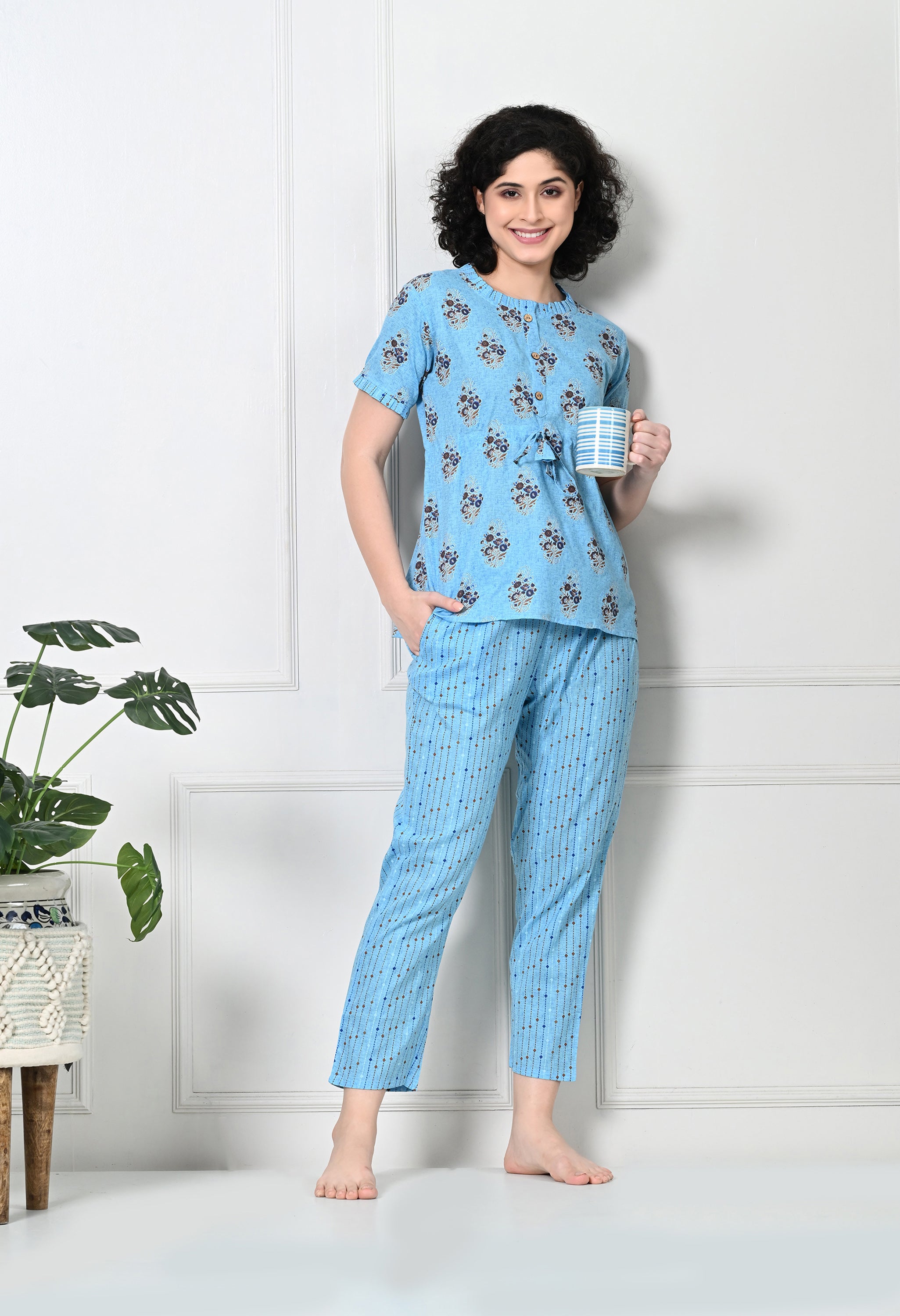 Blue Floral Print Pure Cotton Sustainable Night suit