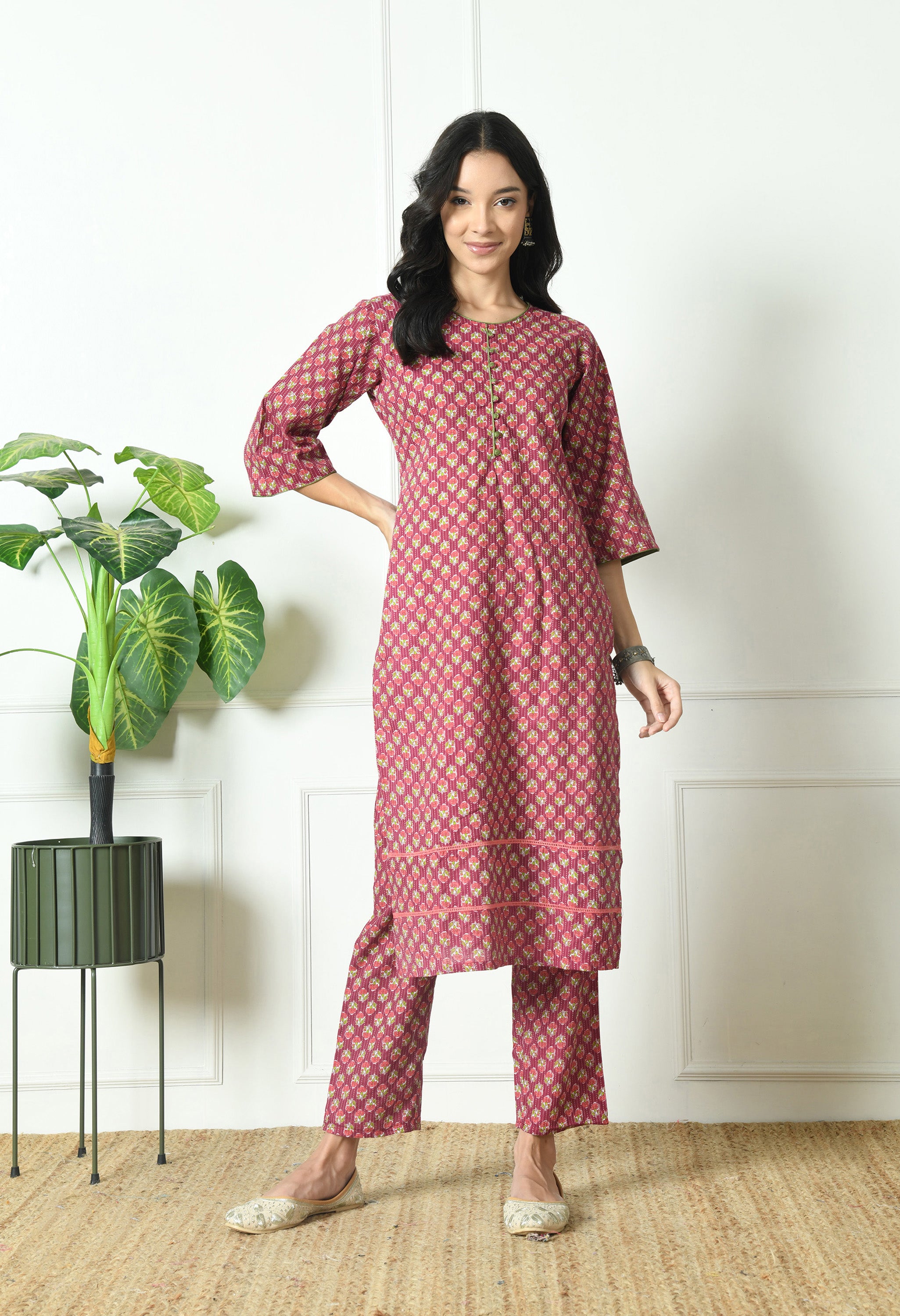 Pure Cotton Katha Kurta with Trouser and Dupatta