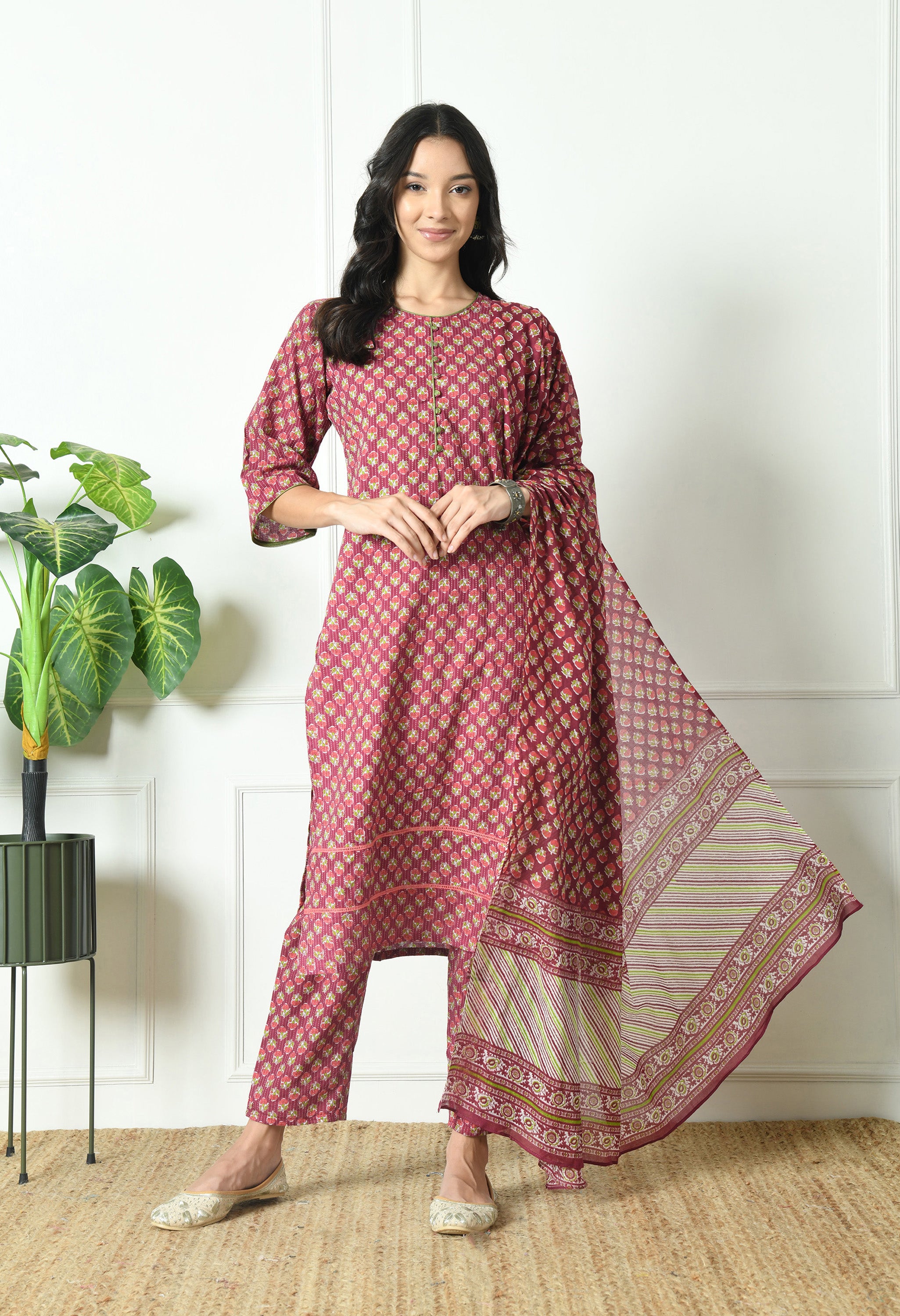 Pure Cotton Katha Kurta with Trouser and Dupatta