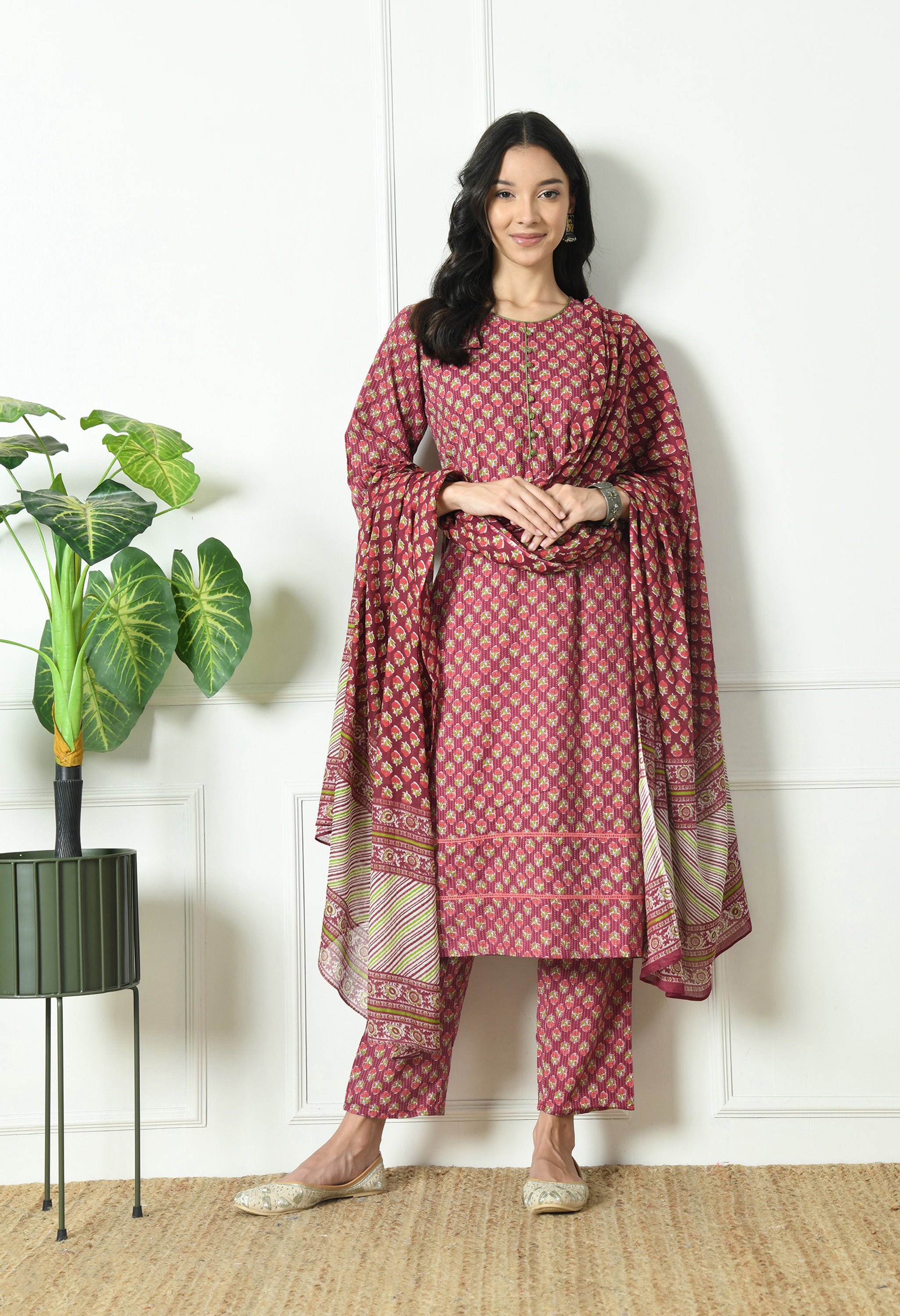 Pure Cotton Katha Kurta with Trouser and Dupatta